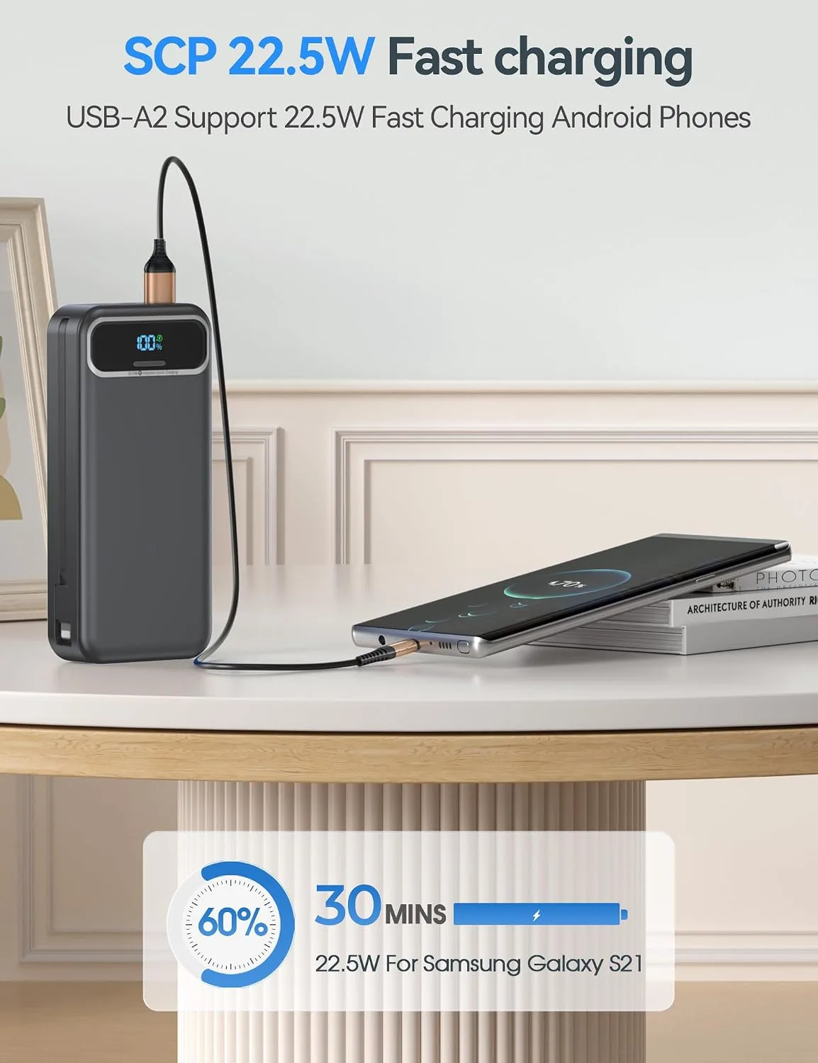 aonidi Portable Charger 20000mAh with Built-in Cables&AC Wall Plug, Black