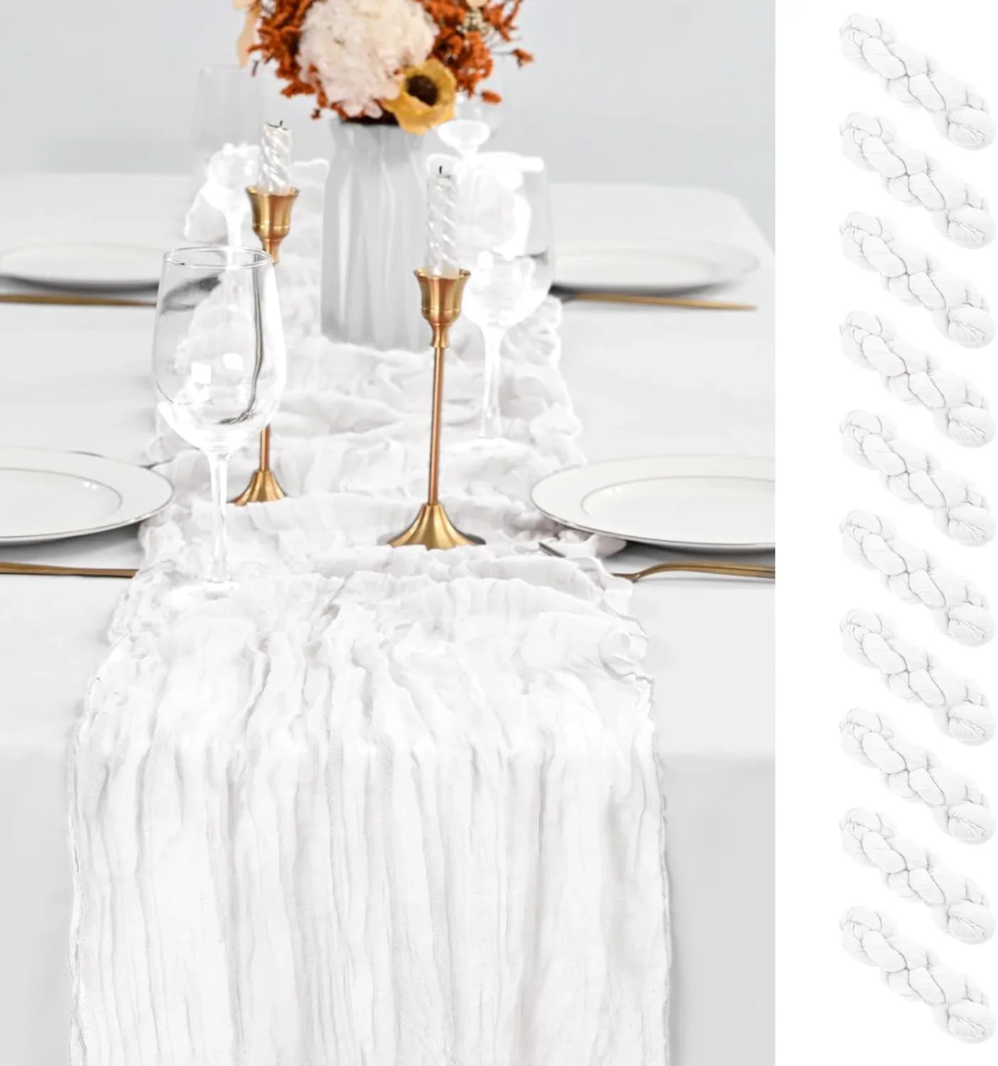 10 Pack White Table Runner 10Ft Cheesecloth Table Runner Boho Gauze Table Runners Romantic Long Sheer Fabric Cheese Cloth Table Runners for Wedding Party Bridal Shower(White)