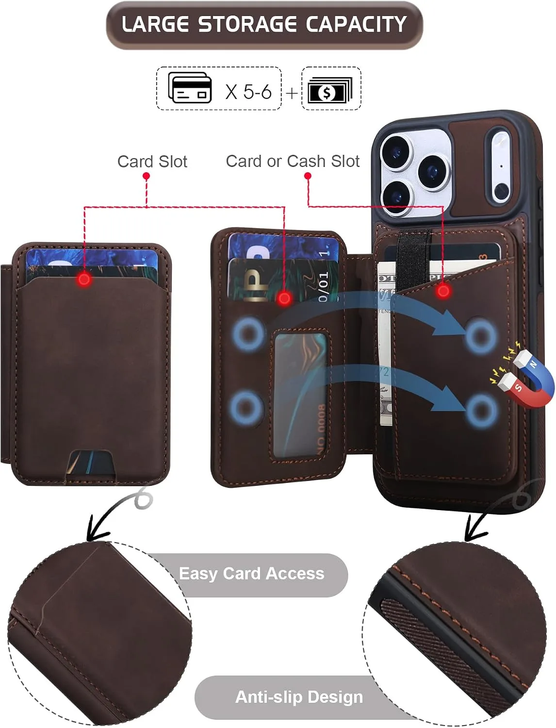 Magnetic Detachable Wallet Case for iPhone 18/17 Pro Max with Kickstand,2-in-1 MagSafe Compatible RFID Blocking Card Holder,Slim PU Leather Cover Vintage Brown