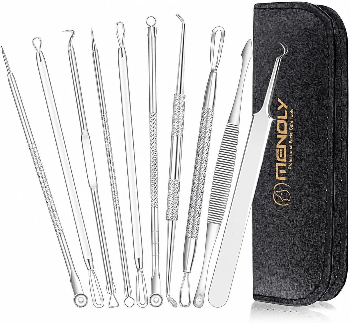 Kit de herramientas para espinillas Menoly 10 piezas con estuche de cuero negro