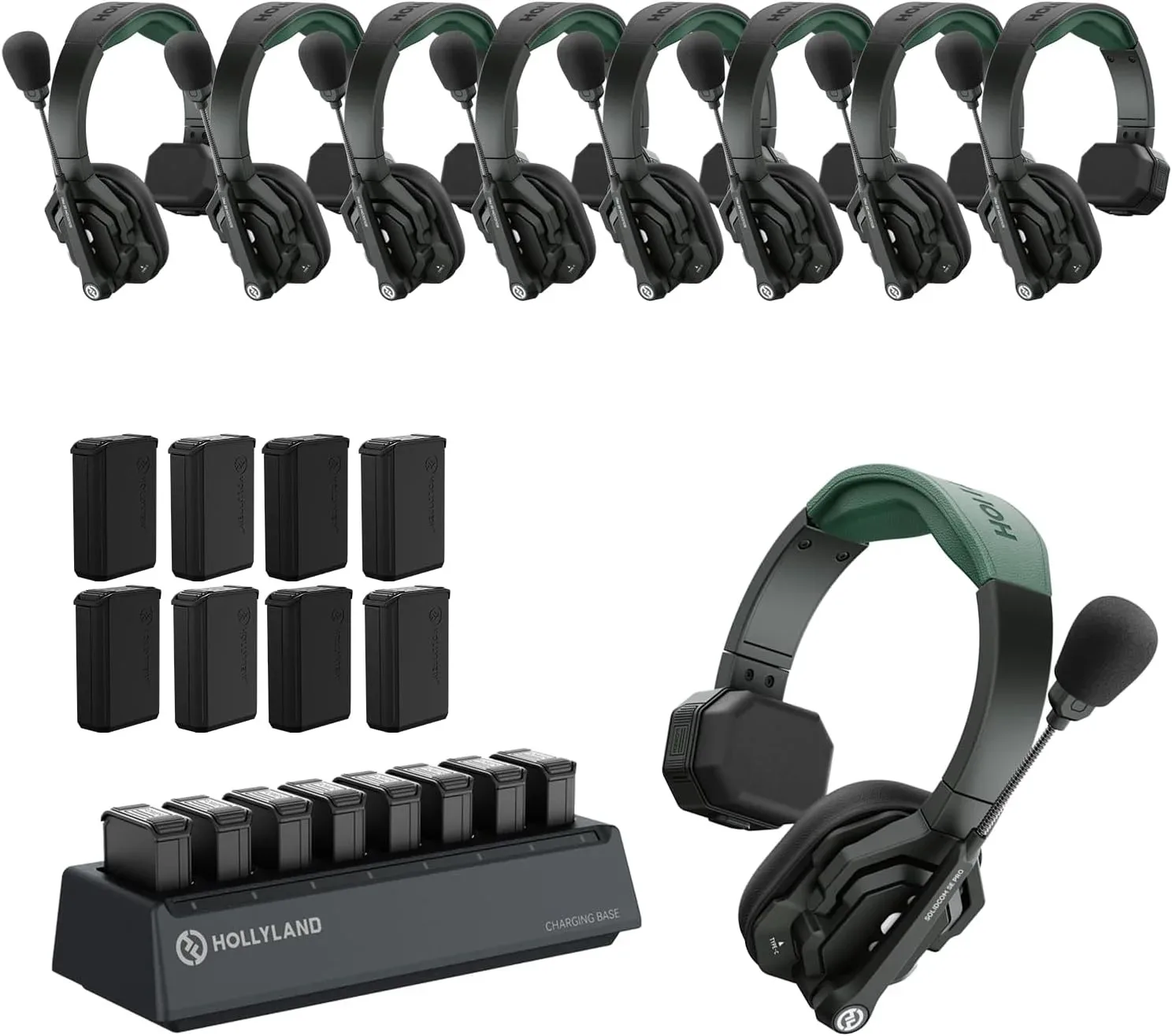 Hollyland Solidcom SE PRO 9-Users ENC Noise Cancellation Wireless Intercom Headset System 1312ft Team Communication with 3.5mm Single Ear Headset for Movie Shoot Live Show (1.9GHz Version)