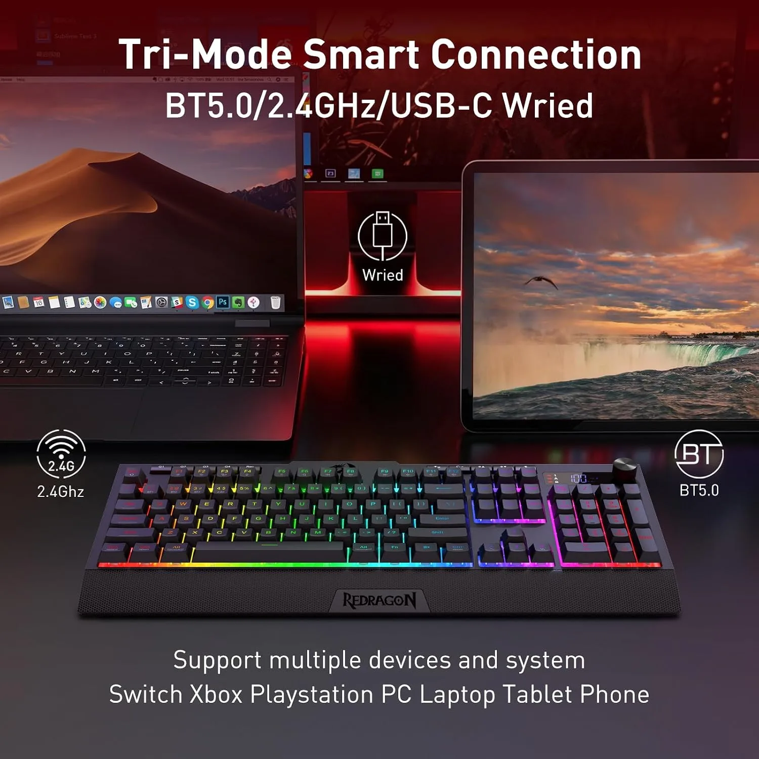 Redragon K525 PRO RGB Wireless Membrane Gaming Keyboard, Screen + Knob