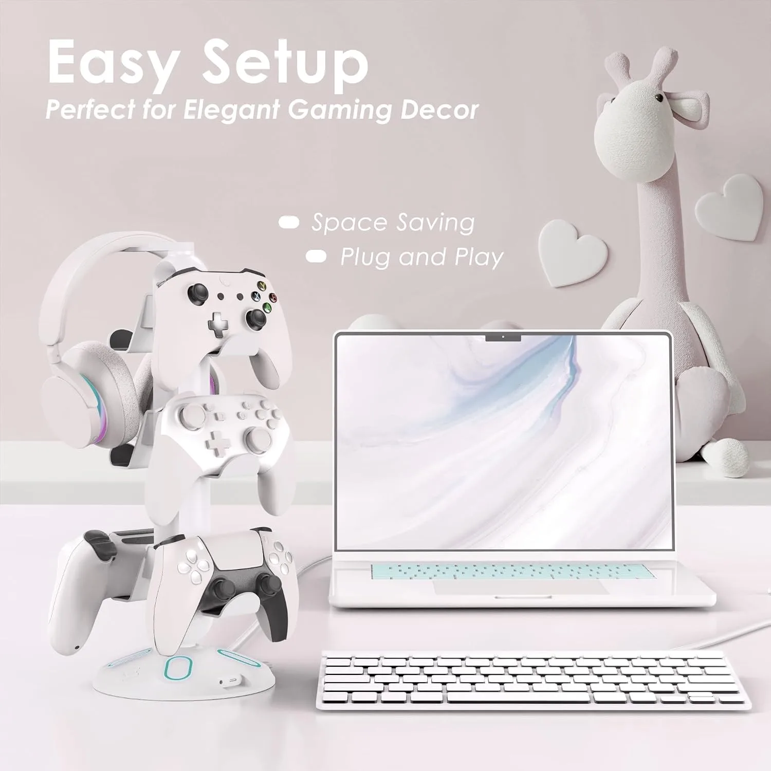 RGB Headphone Stand and Controller Holder With 9 Light Modes - 2 USB Charging Ports, 3.5mm & Type-C - Hanger Accessories for Desk and Gamer (White)