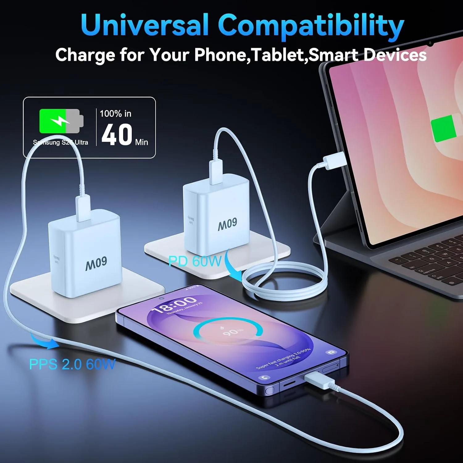 Super Fast Charger Type C 60W USB C Fast Charger Block with 10FT Extra Long Type-C Charging Cord-Super Fast Charging 3.0 for Samsung Galaxy S26 Ultra/S26/S26+/S25 /S24/S23 Ultra-Blue