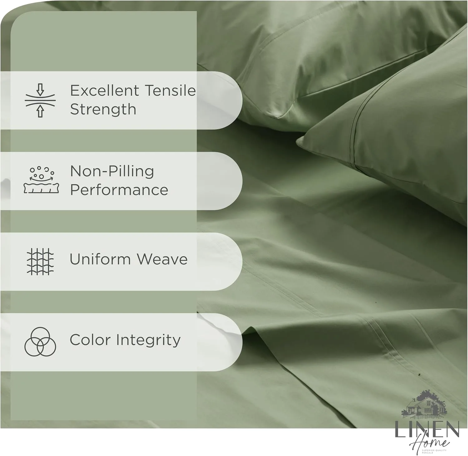 Linen Home 100% Cotton Percale King Sheets, 4 Pc Cooling Set - Oil Green