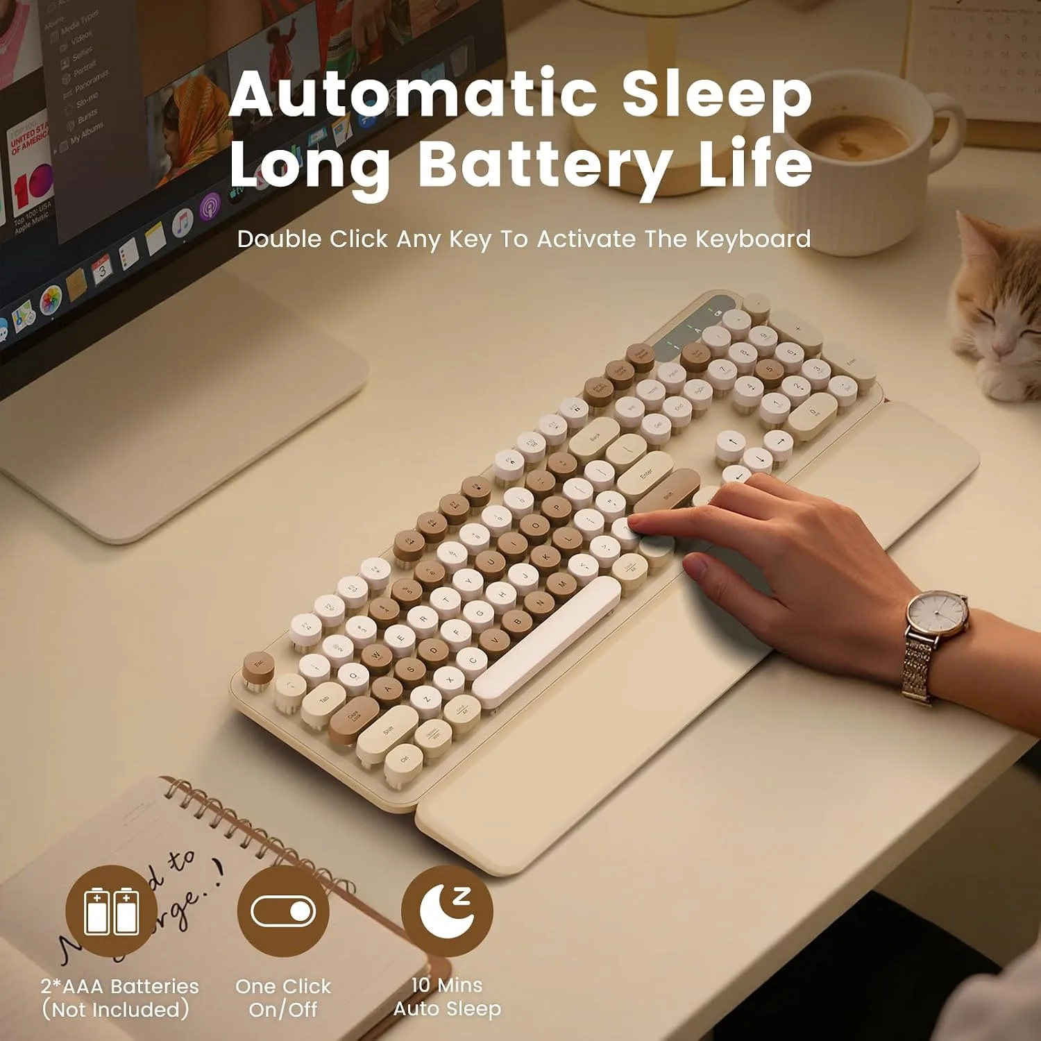 Wireless Keyboard, Round Keycaps, Retro Typewriter Keyboard with Magnetic Wrist Rest, Sleep Mode, Foldable Legs, 2.4GHz Full-Size Cordless Computer Keyboard for Windows PC, Laptop (Beige & Brown)