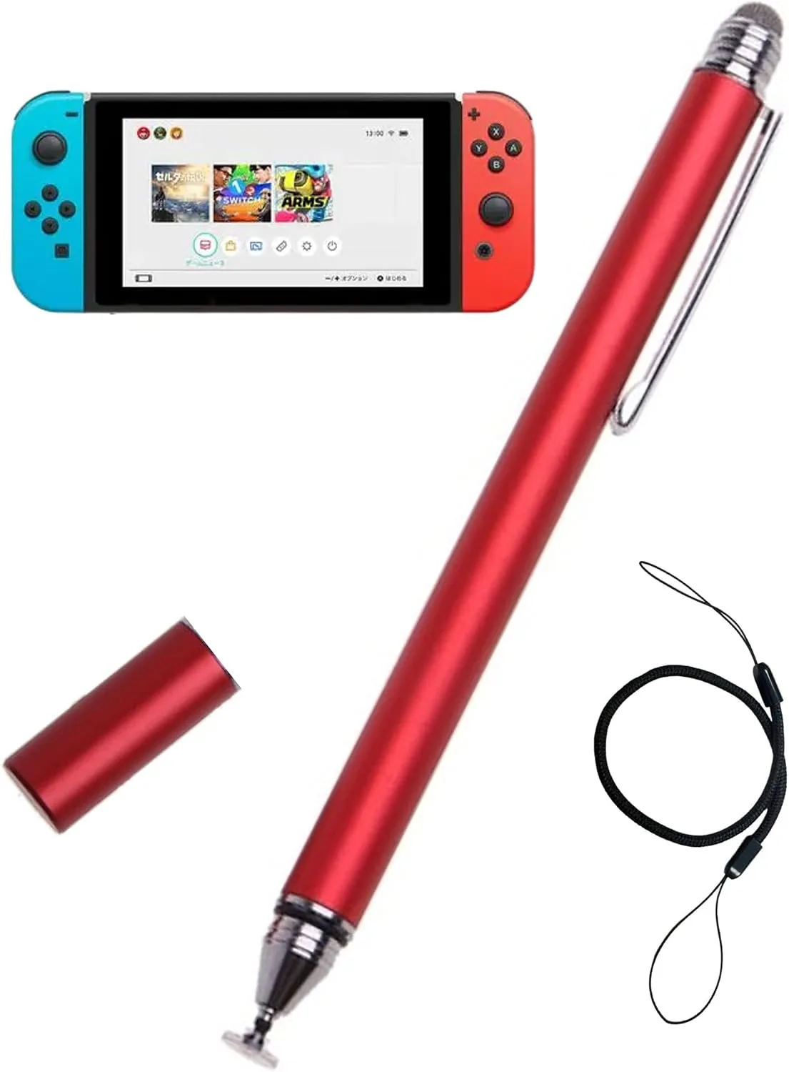 2-in-1 Stylus Pen for Nintendo Switch1/2/Lite/OLED, with Lanyard (Red)