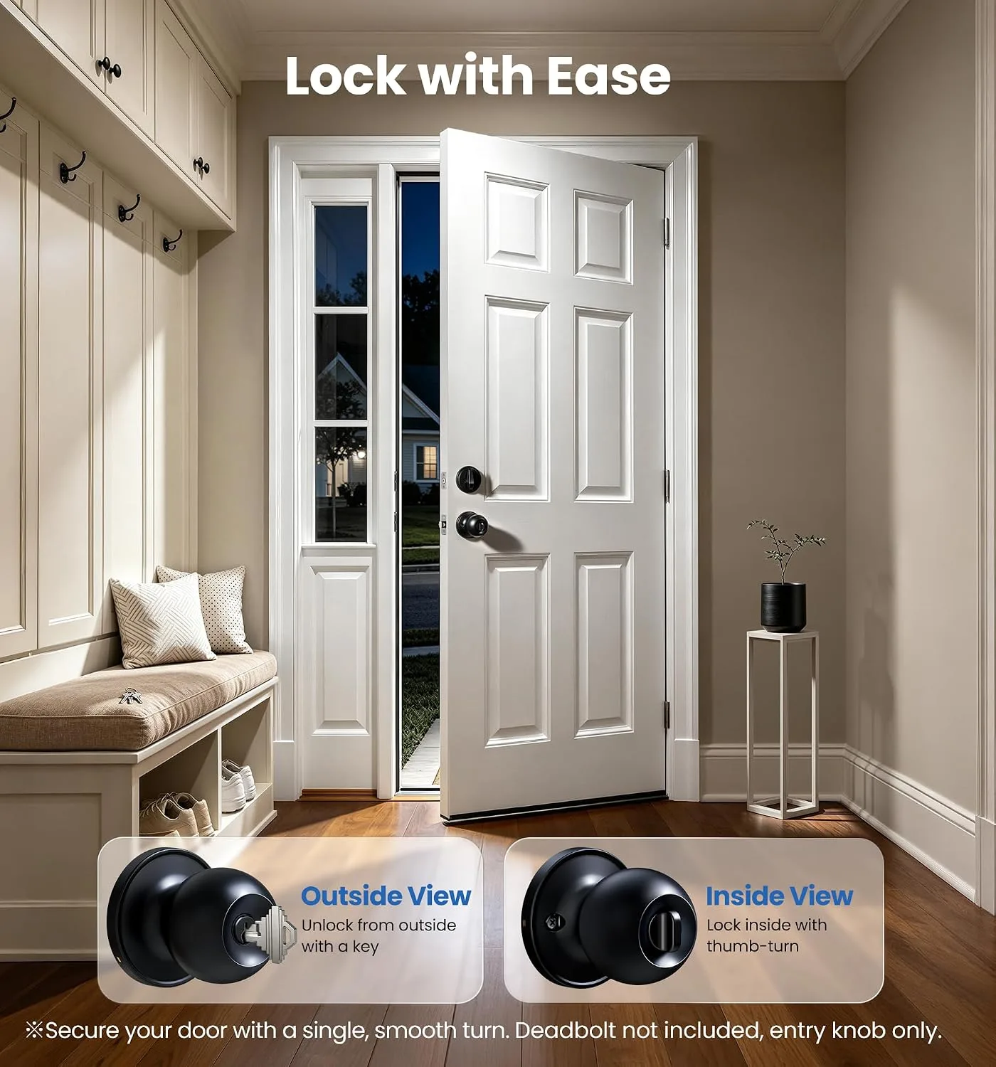 Veise Keyed Entry Door Knob with Lock for Exterior Interior, Matte Black