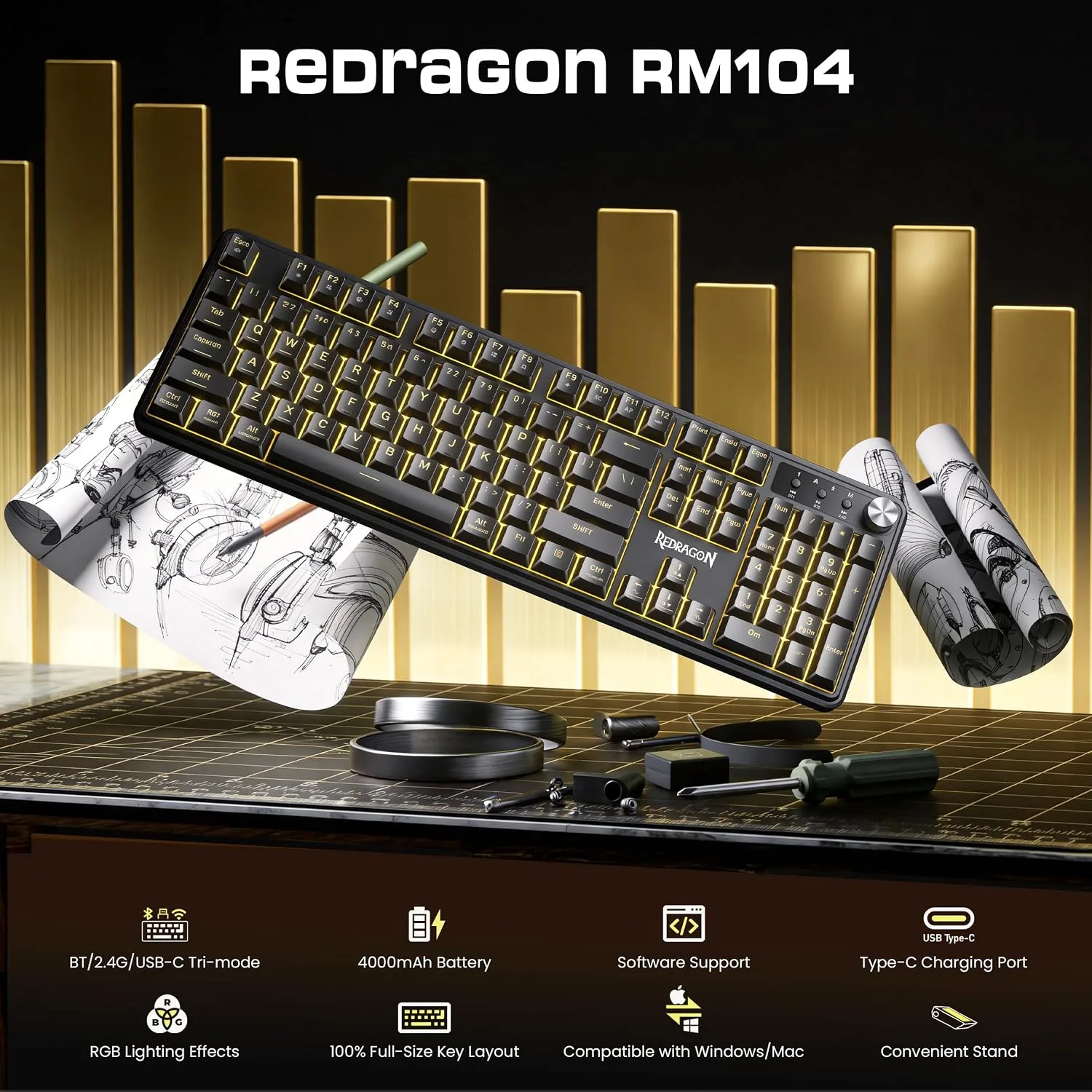 Redragon RM104 Wireless Gaming Keyboard with Knob, Tri-Mode BT/2.4G/USB-C RGB Computer Keyboards, 4000mAh Battery, Programmable Software Support, Anti-Ghosting, Compatible with PC Mac
