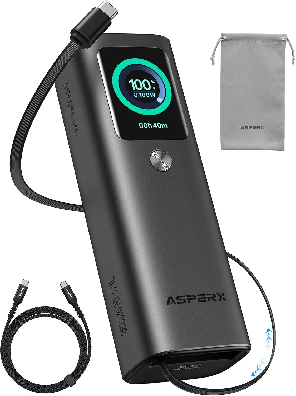 AsperX Laptop Power Bank, 165W 20,000mAh Retractable Cable Aluminum Unibody