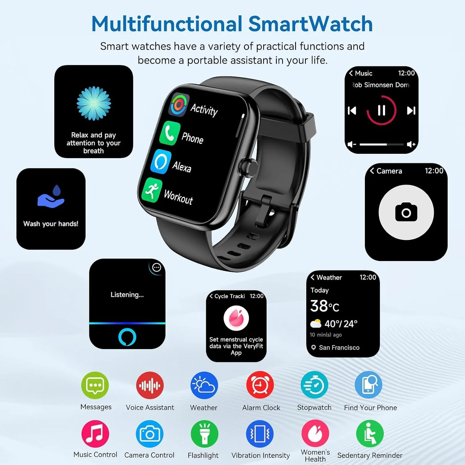Smart Watch with Alexa Built-in, 1.83" HD Touchscreen 2026 Fitness Tracker with Bluetooth Fitness Watch Heart Rate/Sleep Monitor, 120+ Sport Modes, IP68 Waterproof, Smartwatch for Android iOS (Black)