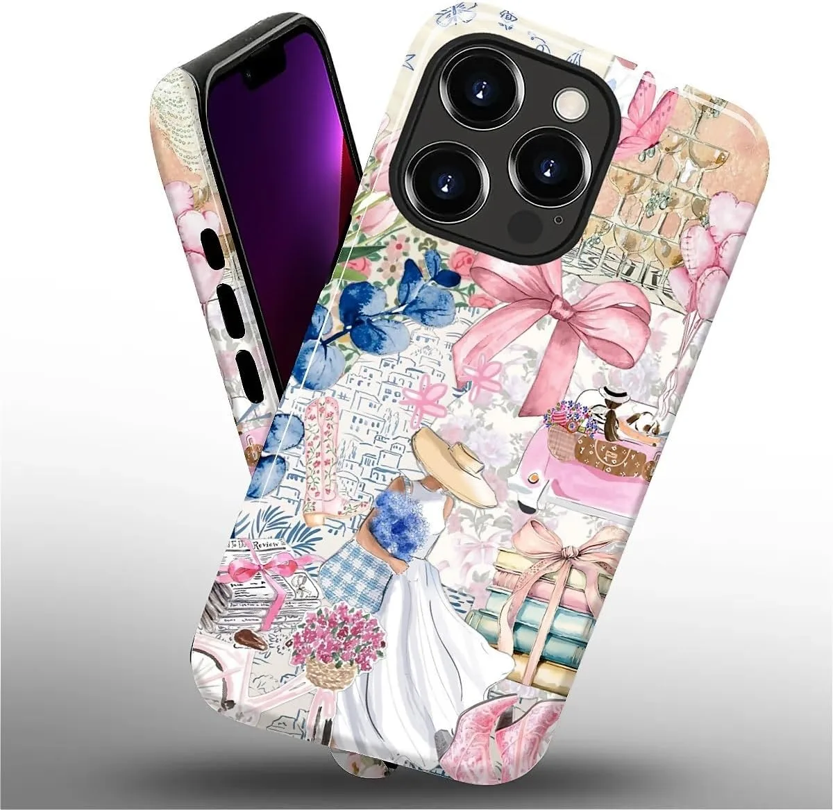 DAIZAG Case for iPhone 13 Pro,Mixed 2 Layer Design Shockproof Soft TPU Ddouble Protection Phone Case for iPhone 13 Pro-Magazine Books Flower Bow Collage