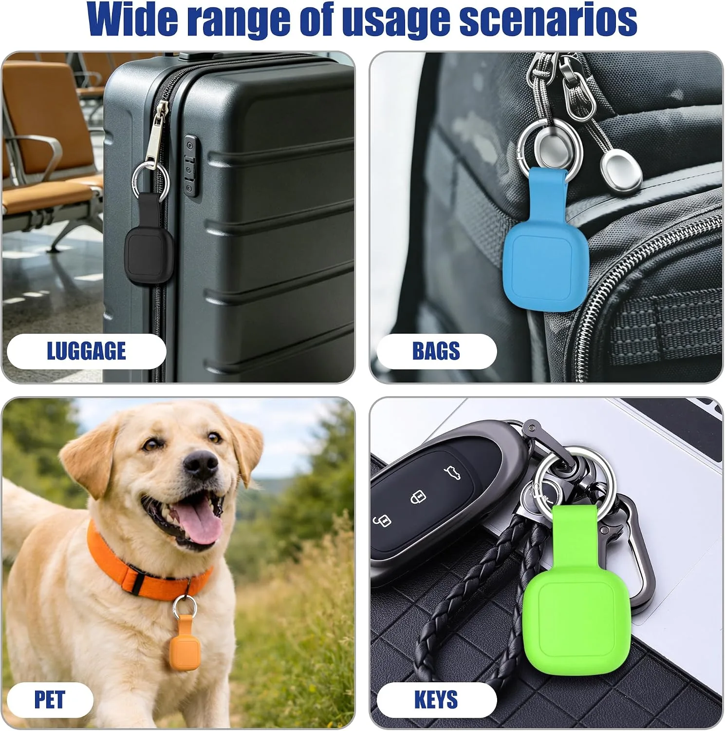 4-Pack Waterproof Silicone Cases for UGREEN Tracker Tags (iOS Only) Holders with Key Rings, Full-Cover Shockproof and Scratch-Resistant for Keys, Bags, Luggage and Pet Collars, Black/Blue/Orange/Green