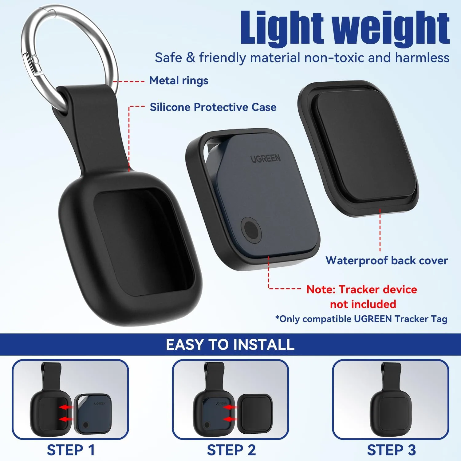 DDJ 4-Pack Waterproof Silicone Cases for UGREEN Tracker Tags (iOS Only), Smart Finder Holders with Key Rings, Full-Cover Shockproof and Scratch-Resistant for Keys, Bags, Luggage and Pet Collars, Black