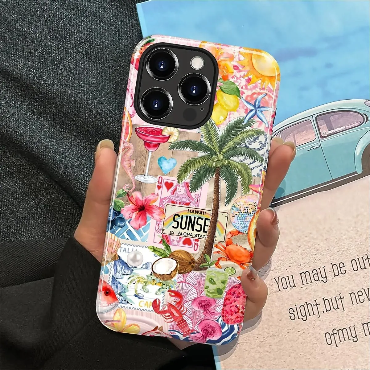 DAIZAG Case for iPhone 14 Pro,Mixed 2 Layer Design Shockproof Soft TPU Ddouble Protection Phone Case for iPhone 14 Pro-Aesthetic Summer Beach