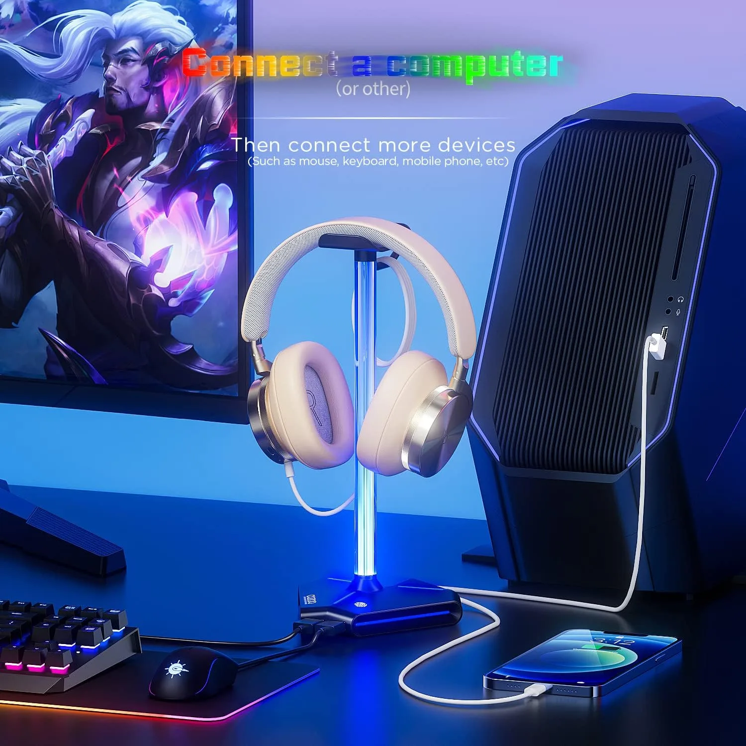 cozoo Desk headset stand Touch RGB Light Stand 4 Color Modes 2 USB Black