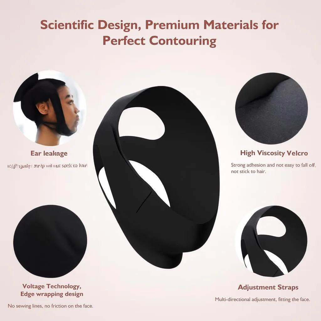 Jawline Shaper Chin Strap for Sleeping, Reusable V-Line Mask for Women Face Lifting Made w/Electric-Hot-Press Tech for Skin-Friendly & Breathable Cooling Fabric (Pure Black, One Size)