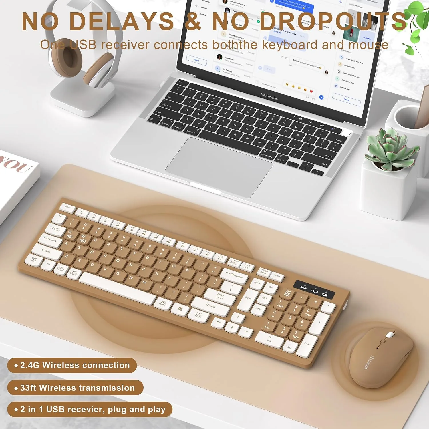 Wireless Keyboard and Mouse Combo Silent for Office and Home(Mocha Color-A)