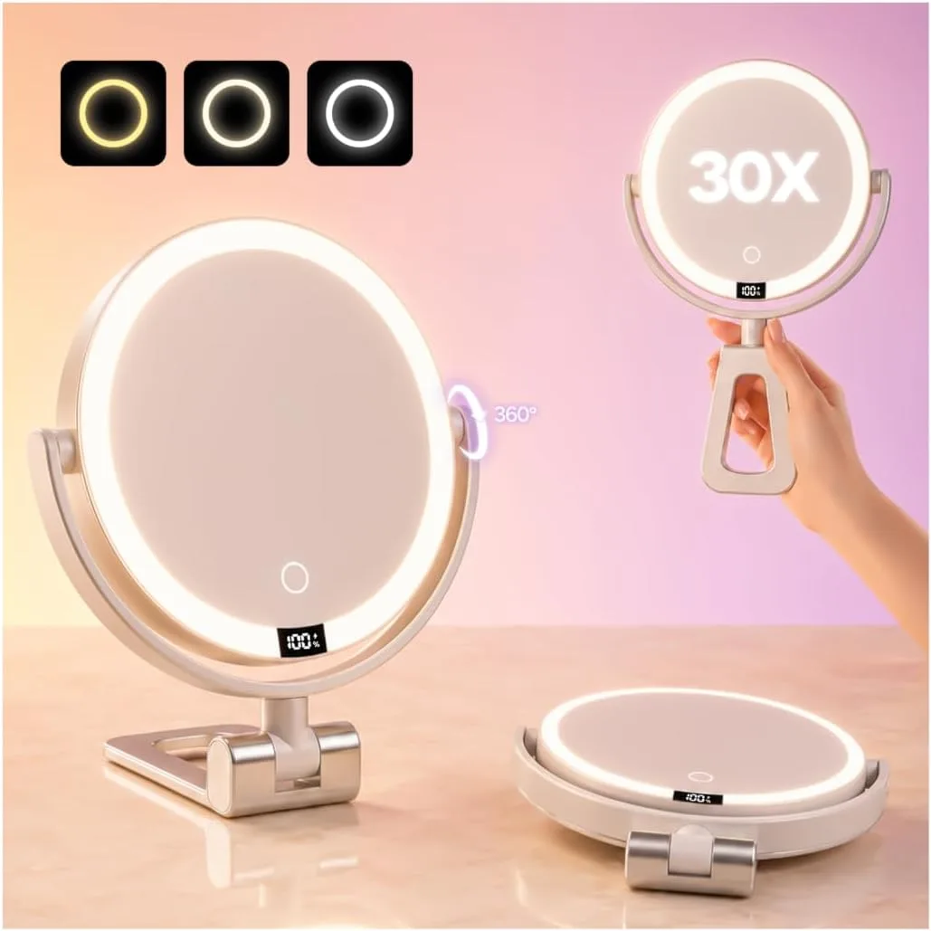 1X/30X Makeup Mirror with Lights, Rechargeable Magnifying Mirror