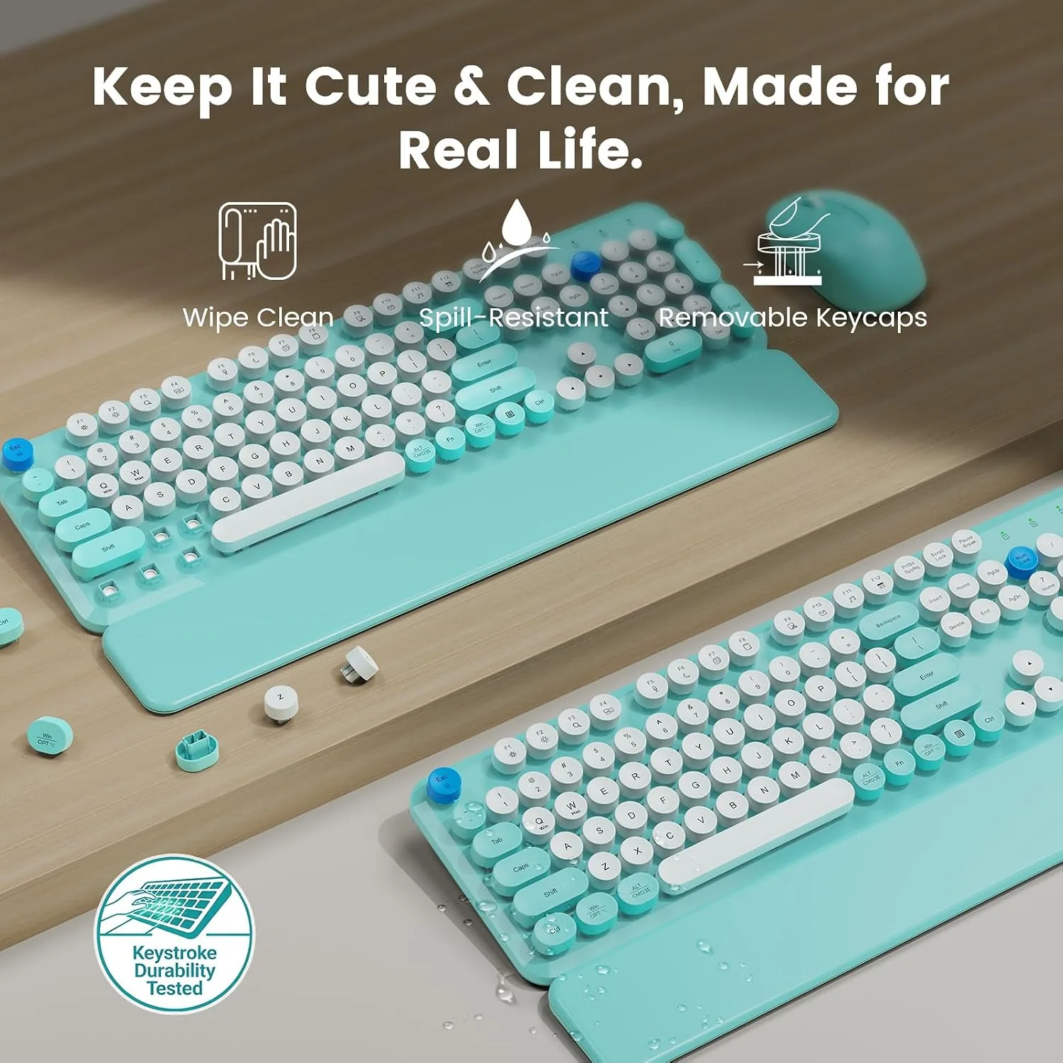 Wireless Keyboard Mouse Combo, Magnetic Wrist Rest, Round Keycap, Aqua Blue
