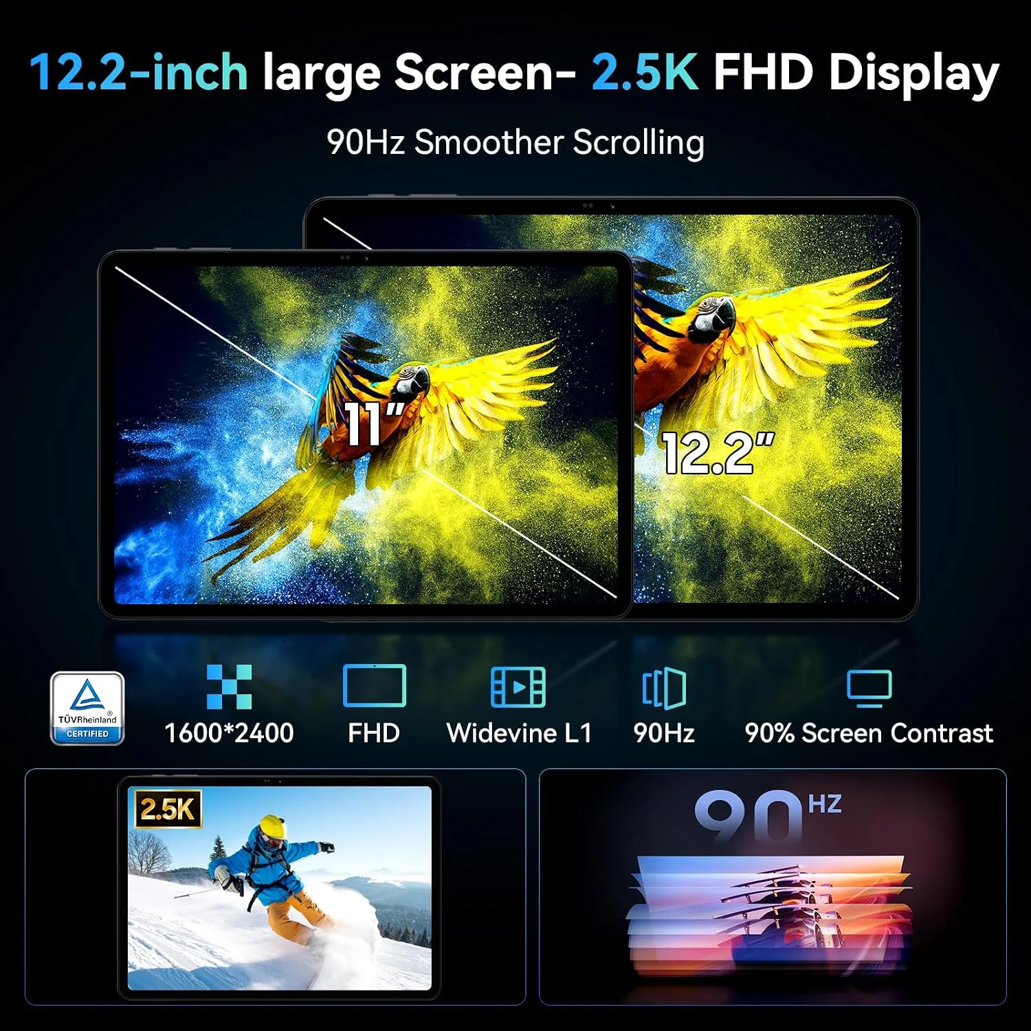 2026 Upgraded 12.2 inch Tablet, Android 16 Tablet with Keyboard, 2.5K QHD Display for High-Res Gaming/Art/Productivity, Up to 48GB+256GB+2TB TF,Octa-Core/10000mAh/Widevine L1/GMS/GPS/4-year Warranty