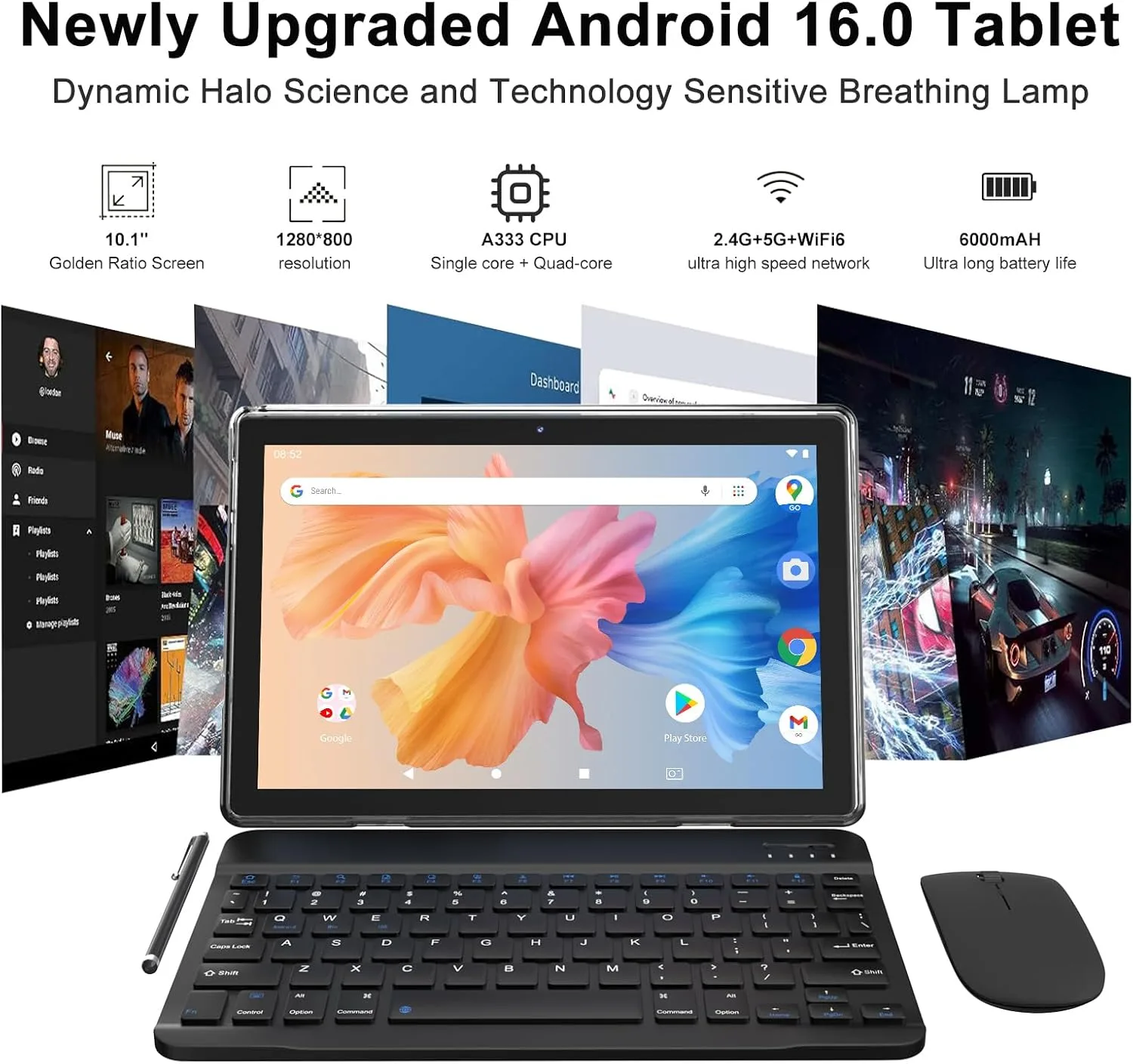 Android 16 Tablet 10 Inch, 12(3+9) GB RAM+64GB ROM, 2 in 1 Tablets with Keyboard Case Mouse Stylus, 2.0GHz Five-core Processor, 1280 * 800 IPS HD Screen, 5G WiFi6 BT 5.3 Tableta PC