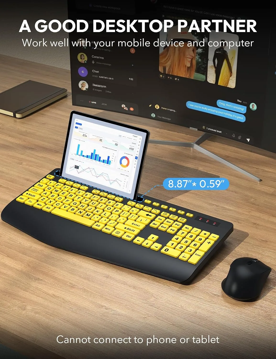 SABLUTE Wireless Keyboard and Mouse Combo with Large Print, Ergo Wrist Rest