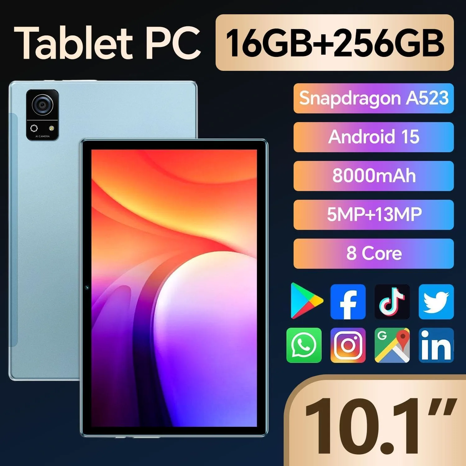 R7 Tablet 10.1 Inch Android 15 OS, Octa-Core, 16GB RAM + 256GB ROM, IPS Touchscreen, 13MP + 5MP Camera, 8000mAh, Dual-Band WiFi (2.4GHz + 5GHz), Work Study Entertainment