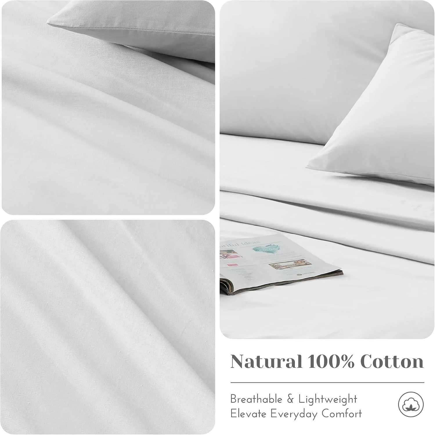 Comfort Spaces 100% Cotton Percale Sheets Queen Sheet Set 4 Pcs, White