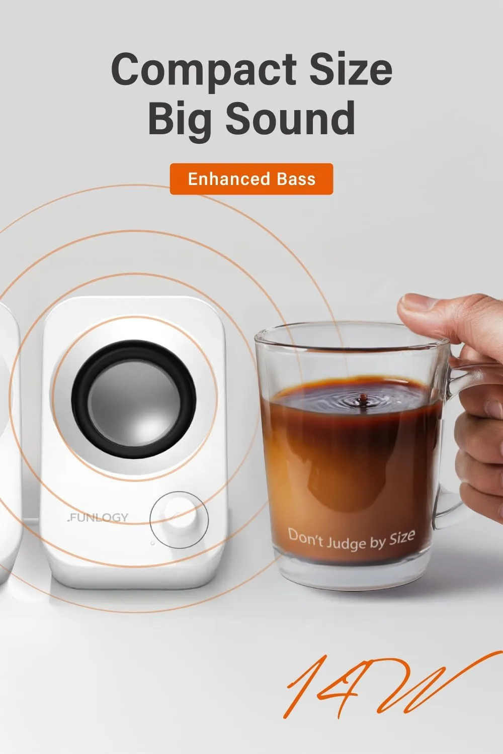 FUNLOGY Speaker - 14W Stereo PC Speakers, USB Powered, Compact Size with 30° Tilt Design, Volume Dial Control, for Desktop, Laptop, Monitor, Gaming Consoles, White