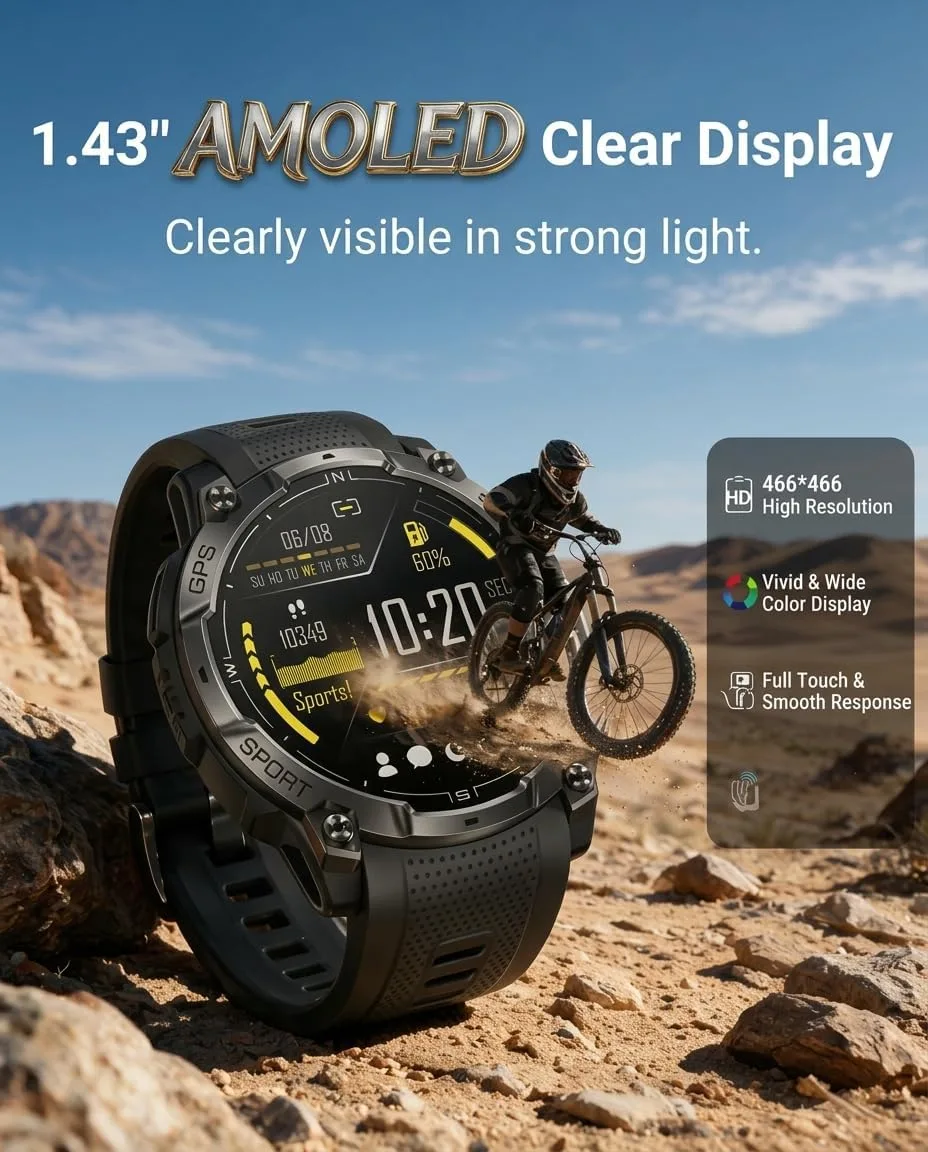 Military Smart Watch for Men, Built-in GPS, Bluetooth Call, 3ATM Waterproof