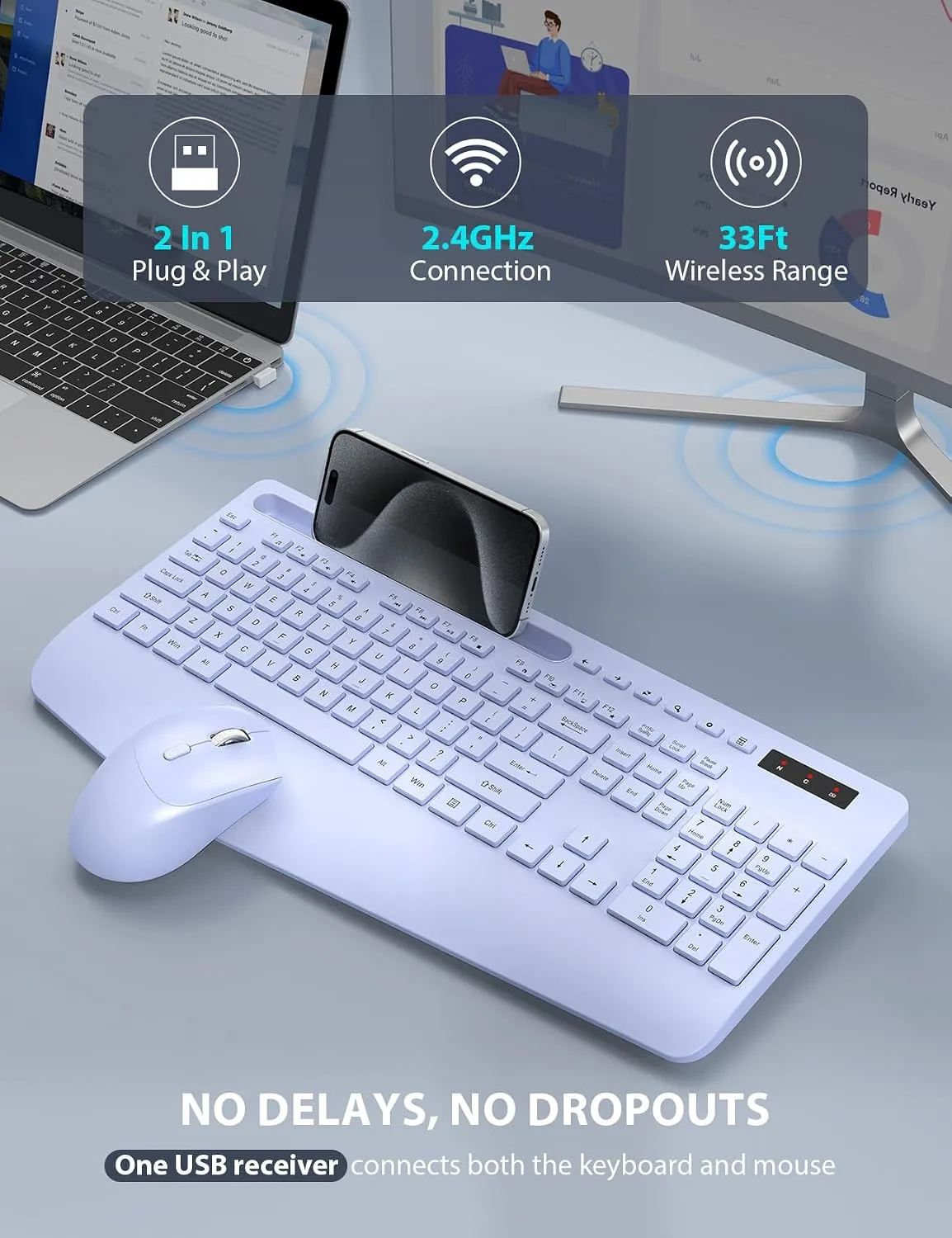 Wireless Keyboard and Mouse Combo - Full-Sized, Ergonomic Wrist Rest (Purple, 1 Pack)