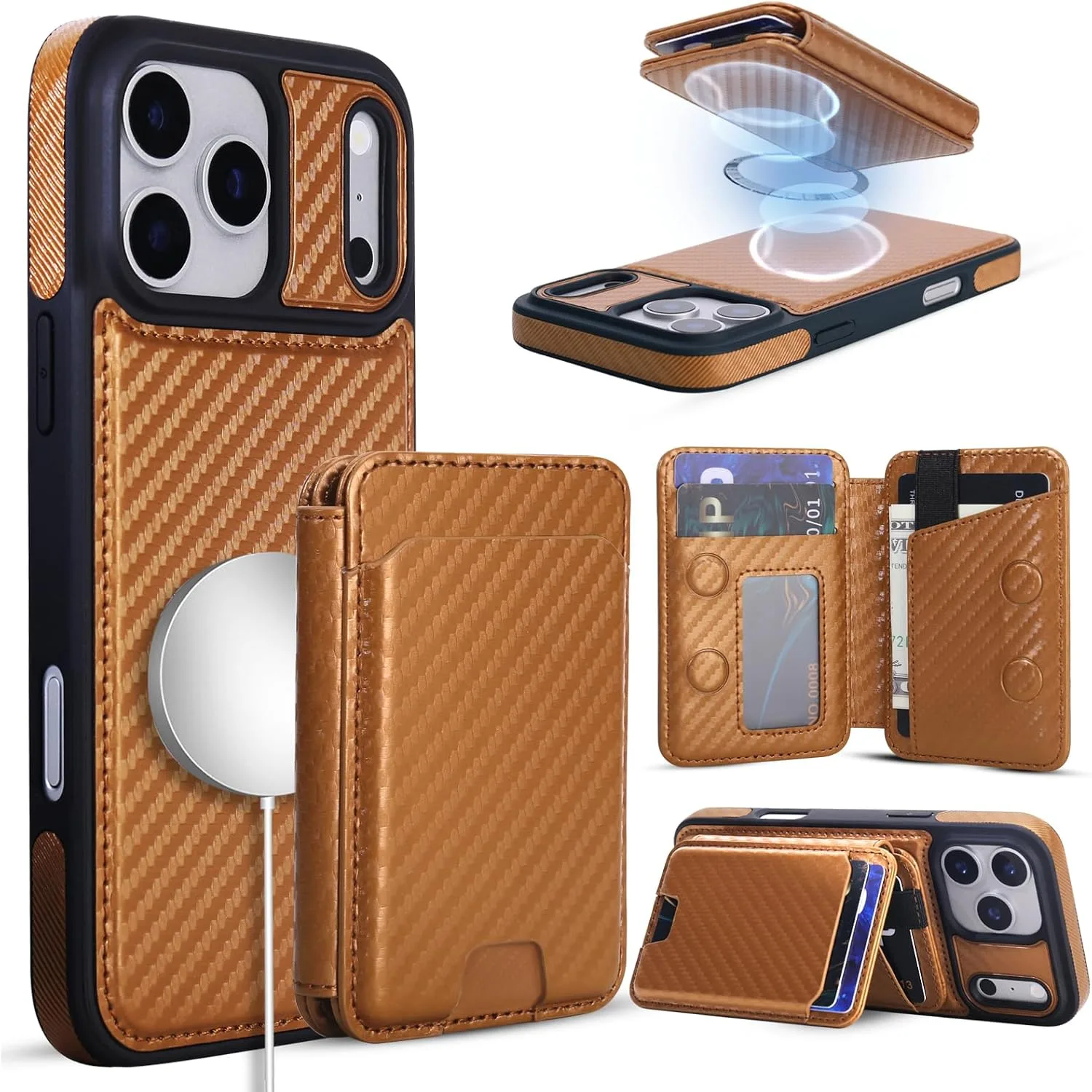Magnetic Detachable Wallet Case for iPhone 18/17 Pro Max with Kickstand,2-in-1 MagSafe Compatible RFID Blocking Card Holder,Slim PU Leather Cover Vintage Carbon Coffee