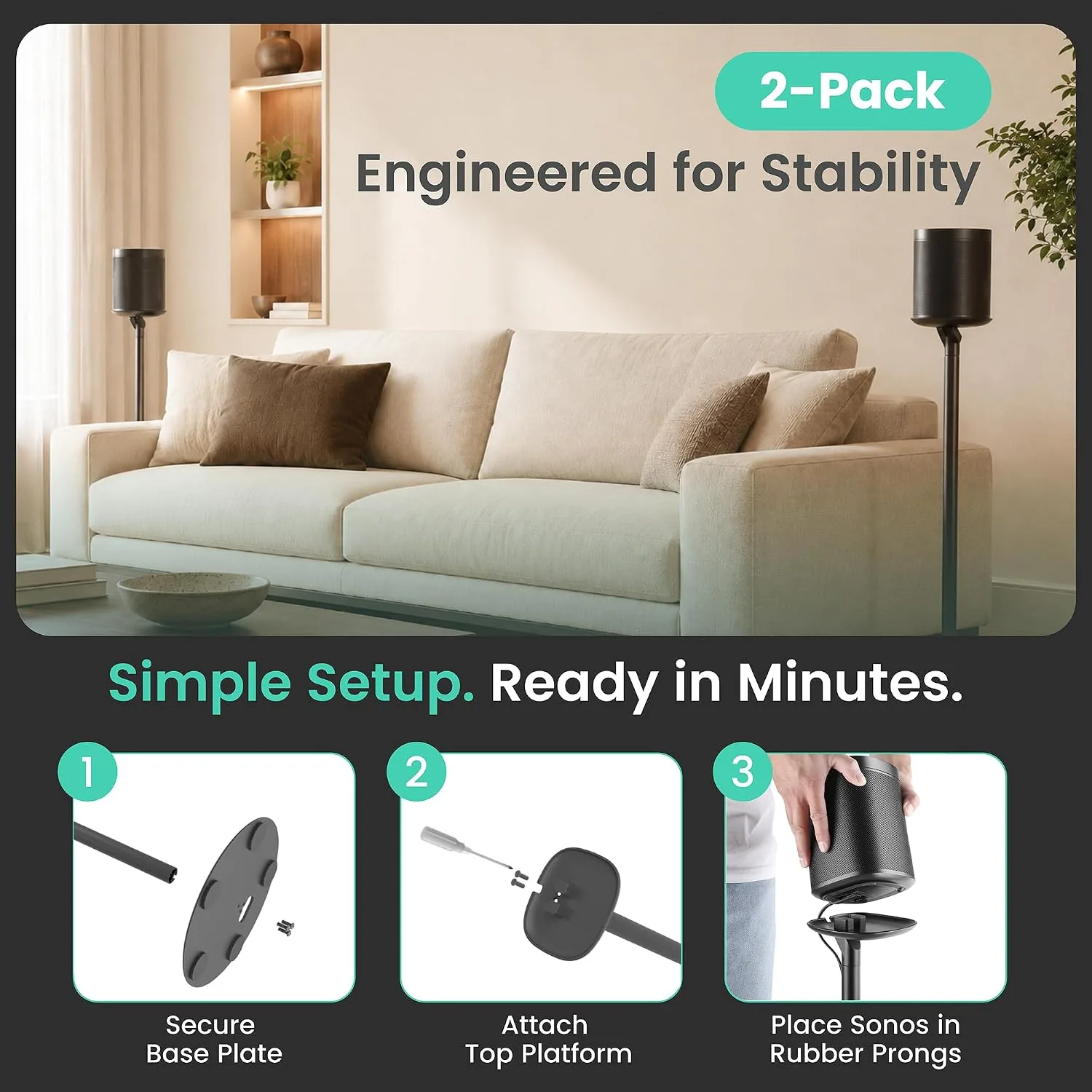 ynVISION.DESIGN Speaker Stands for Sonos One/One SL & Play:1, Black, 2 Pack