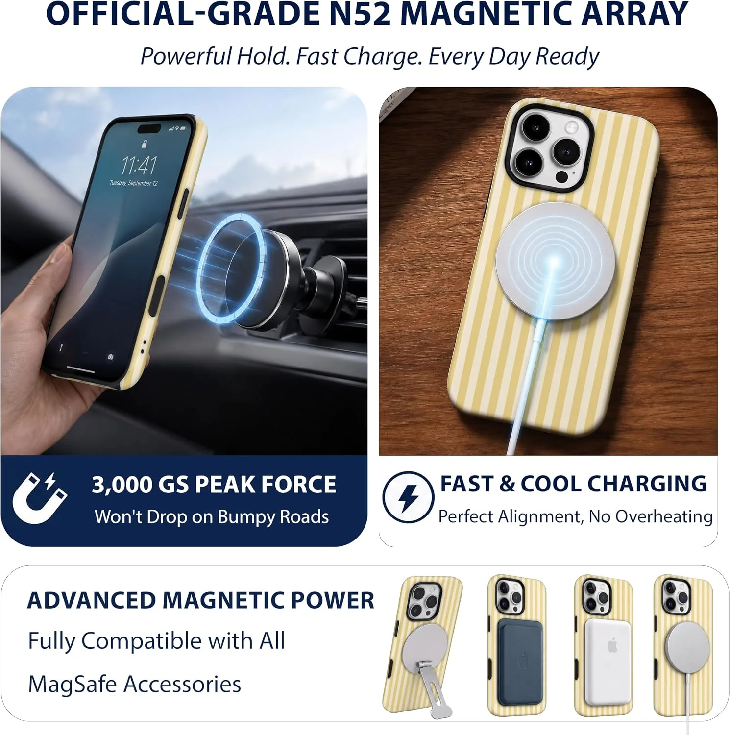 Magnetic for iPhone 16 Pro Phone Case, Chic Butter Yellow Striped