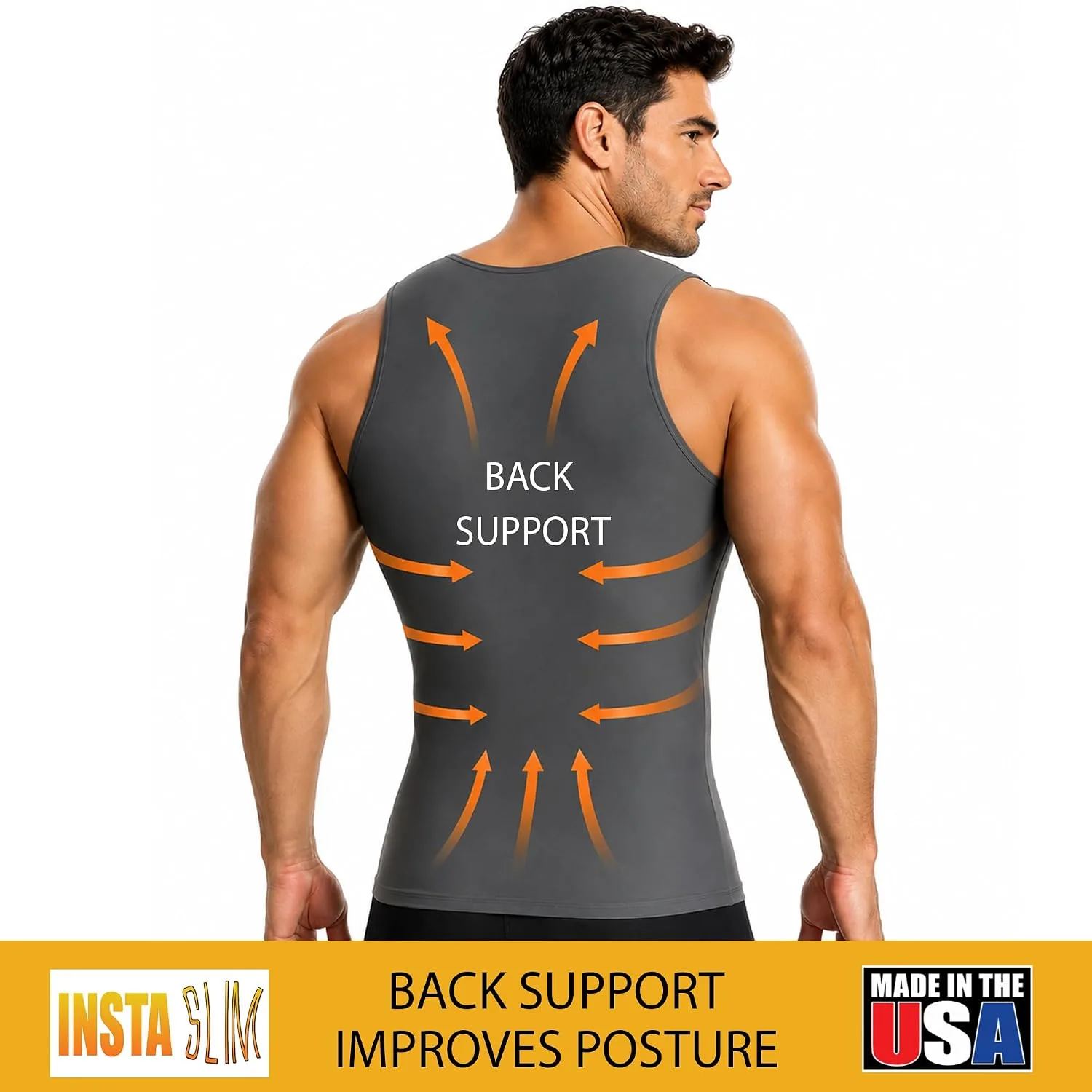Insta Slim - Made in USA 3 Pack Compression Muscle Tank Body Shapers for Men. Back Support, Slimming Shapewear Undershirt