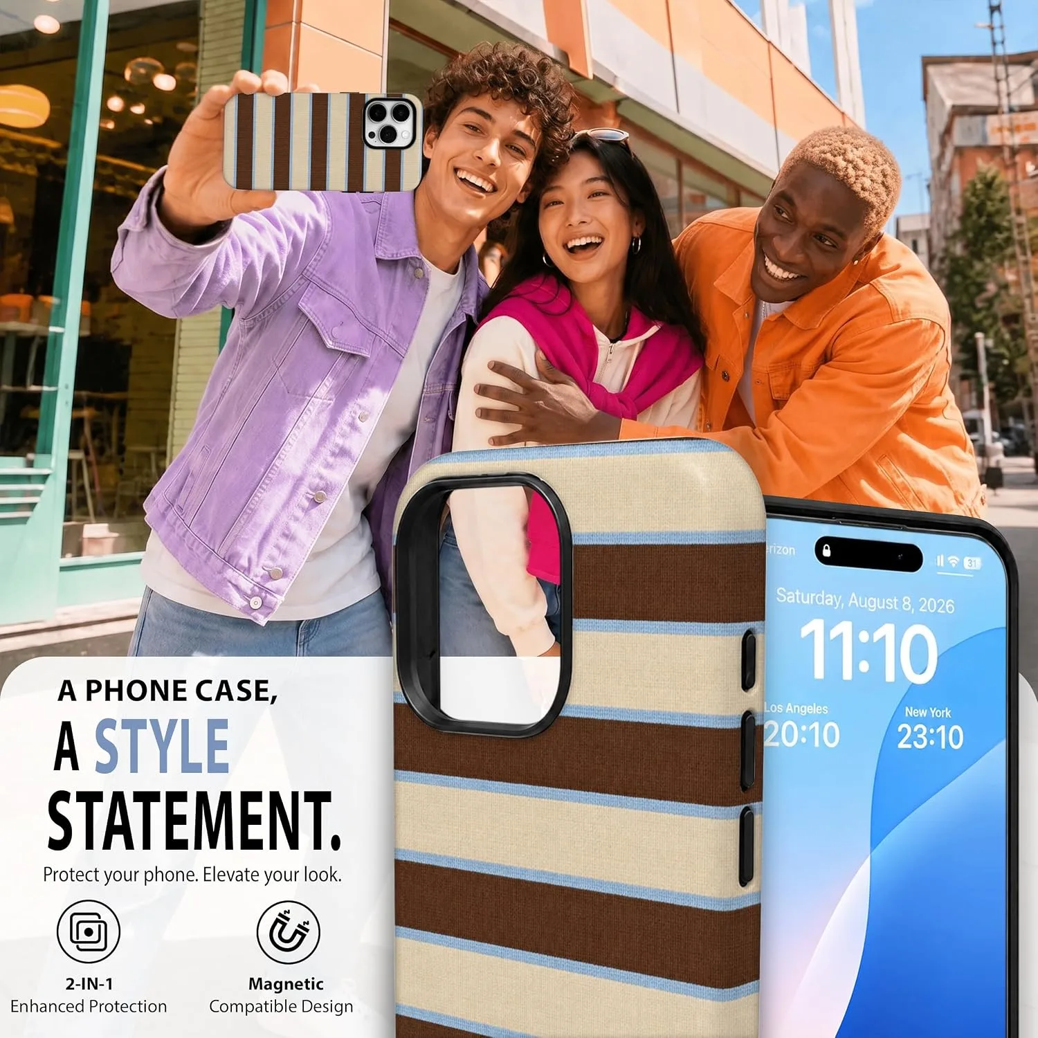 Magnetic for iPhone 15 Pro Max Brown Horizontal Striped Phone Case