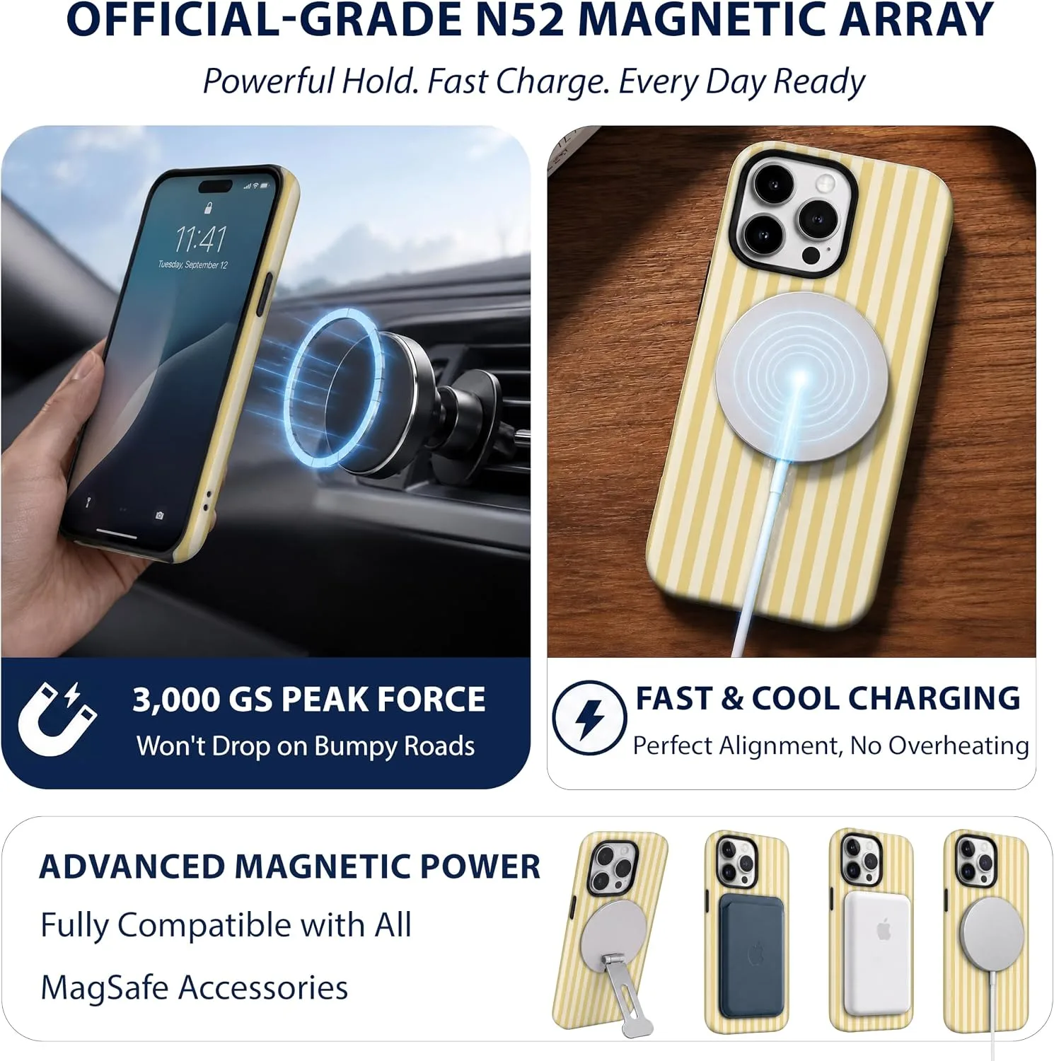 Magnetic for iPhone 15 Pro Phone Case, Chic Butter Yellow Striped