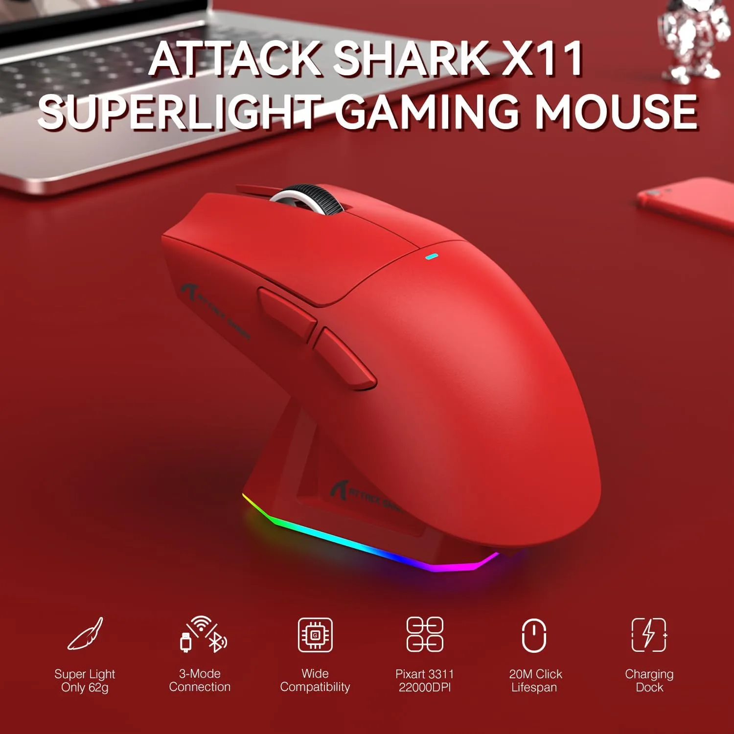 ATTACK SHARK X11 Wireless Gaming Mouse, PAW3311 Sensor, Lightweight, RGB Charging Dock, 22,000 DPI, Tri-Mode Connectivity, 5 Programmable Buttons - Red