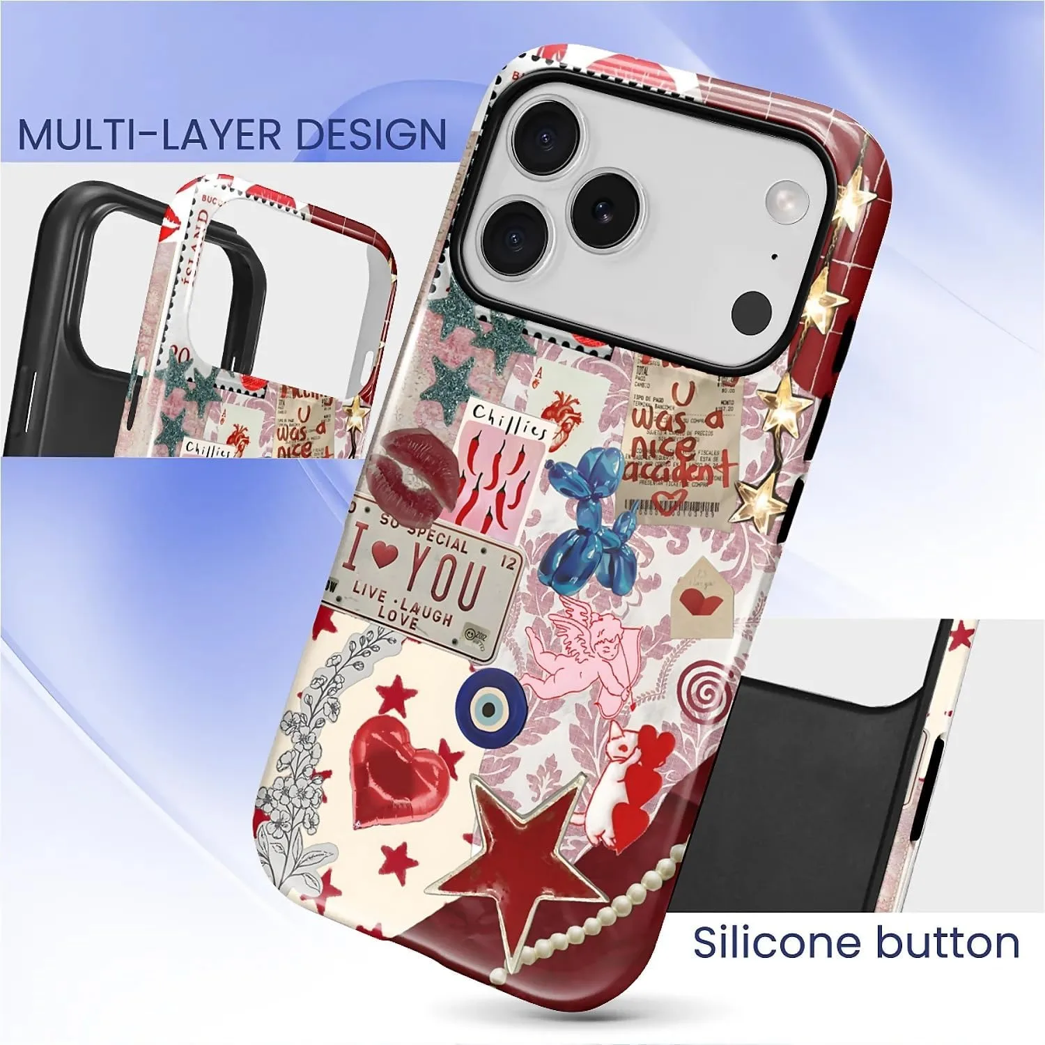 DAIZAG Case for iPhone 17 Pro,Mixed 2 Layer Design Shockproof Soft TPU Ddouble Protection Phone Case for iPhone 17 Pro-Conch Red Pearl Collage