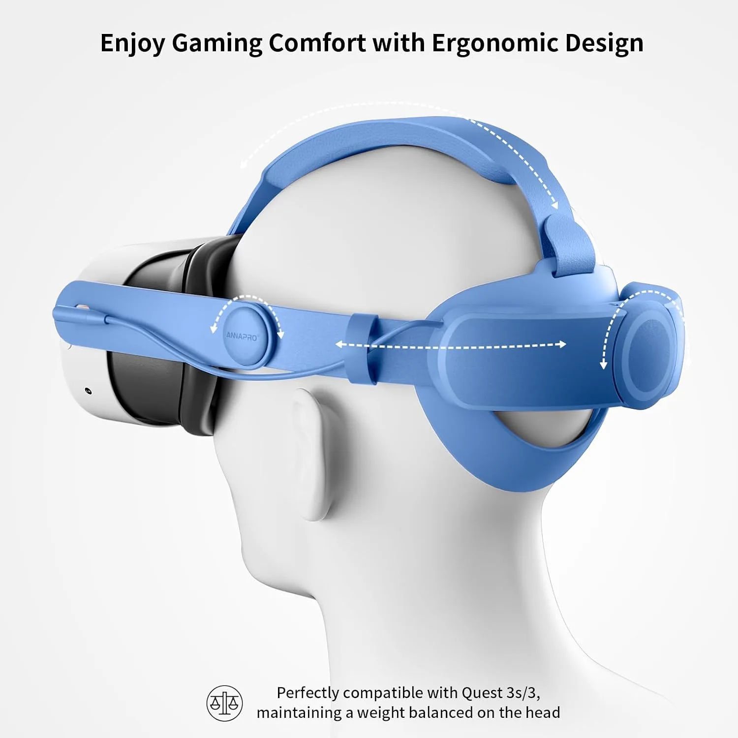 ANNAPRO Battery Head Strap for Meta Quest 3/Meta Quest 3S, Elite Strap with 6500mAh Battery Fast Charging Compatible with Oculus/Meta Quest 3S/3 Accessories, Enhance Comfort Extend Playtime, Blue