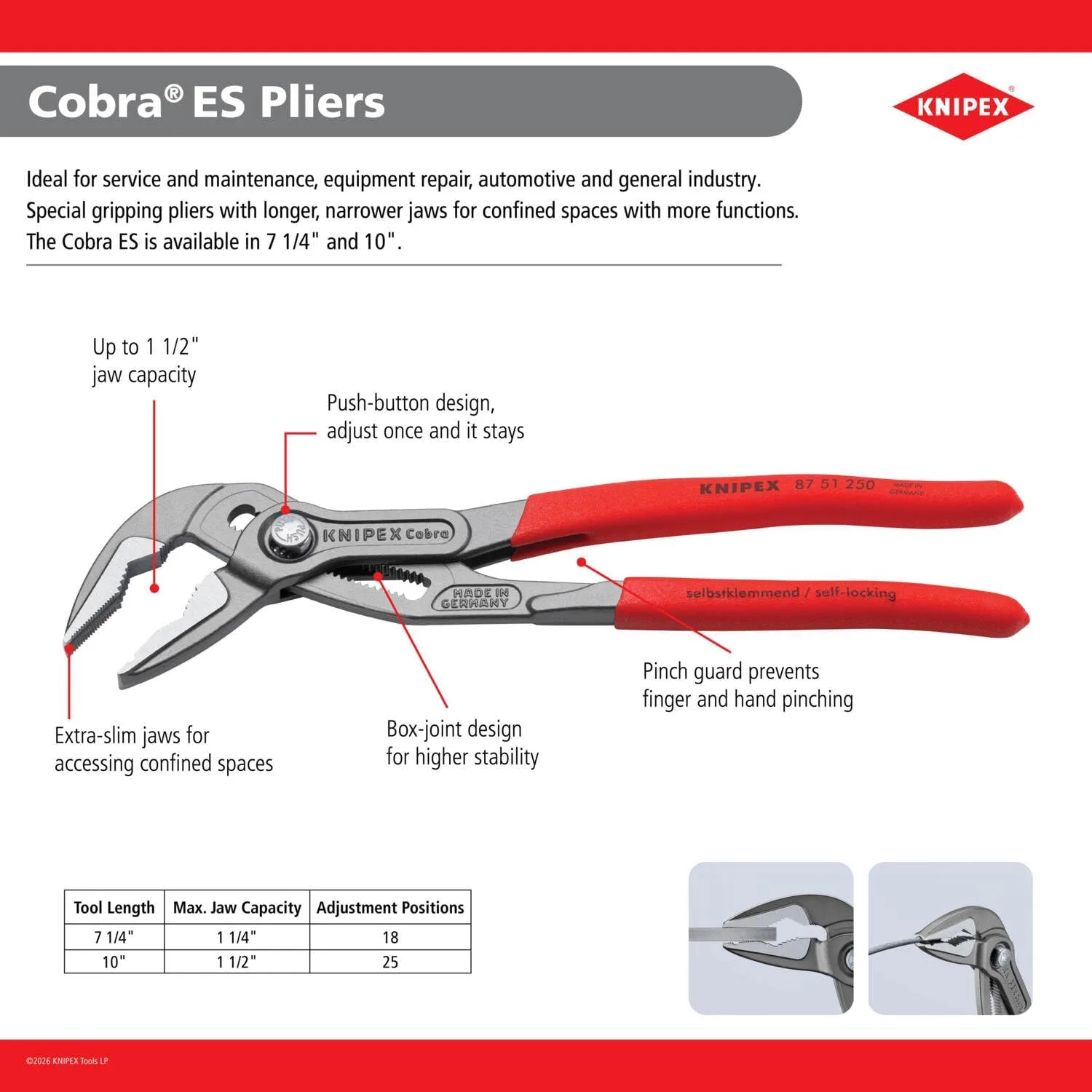 KNIPEX 87 51 180, 7-1/4 in. Cobra® ES Pliers, Capacity 1-1/4 in.