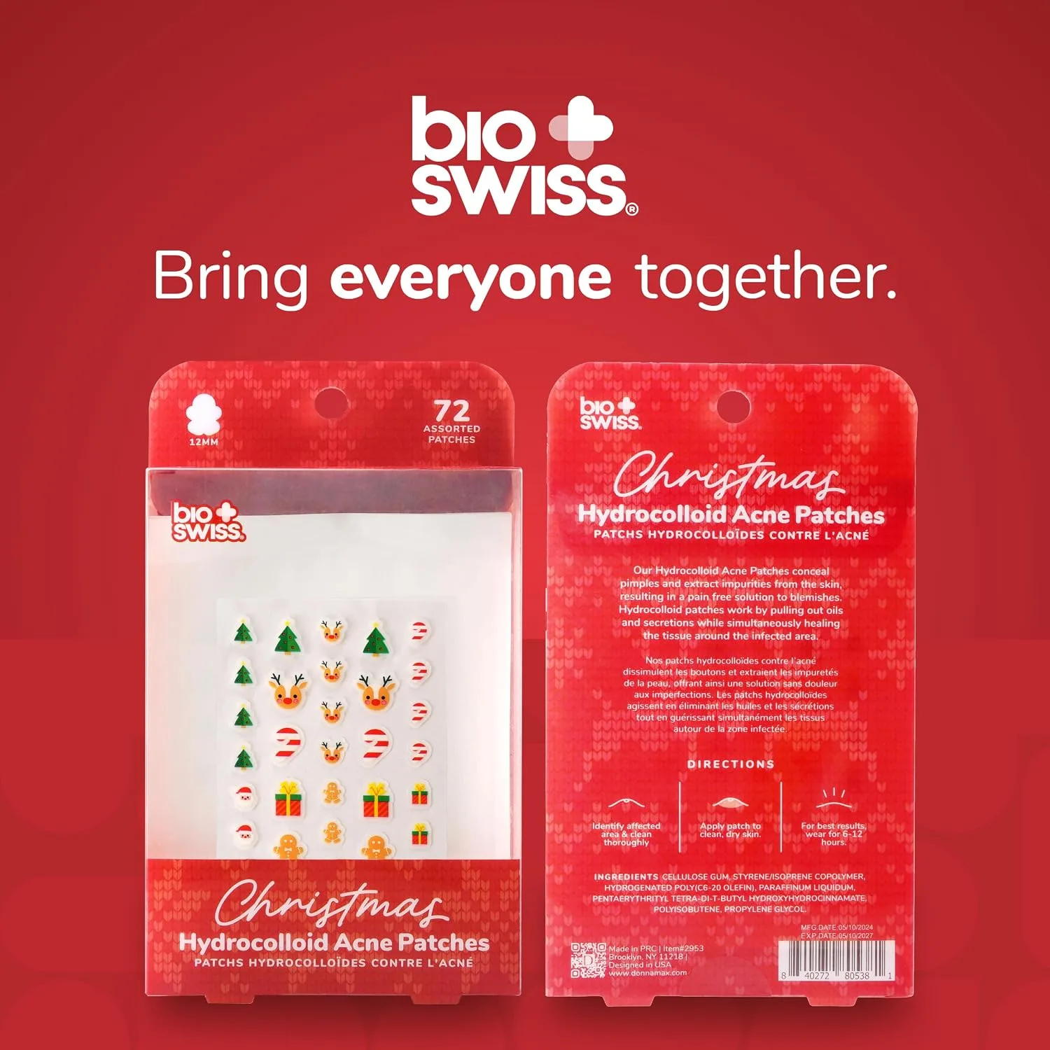 BioSwiss Pimple Patches, Christmas Acne Patch for Zits and Blemishes, Hydrocolloid Spot Stickers for Face and Skin, 72 Count