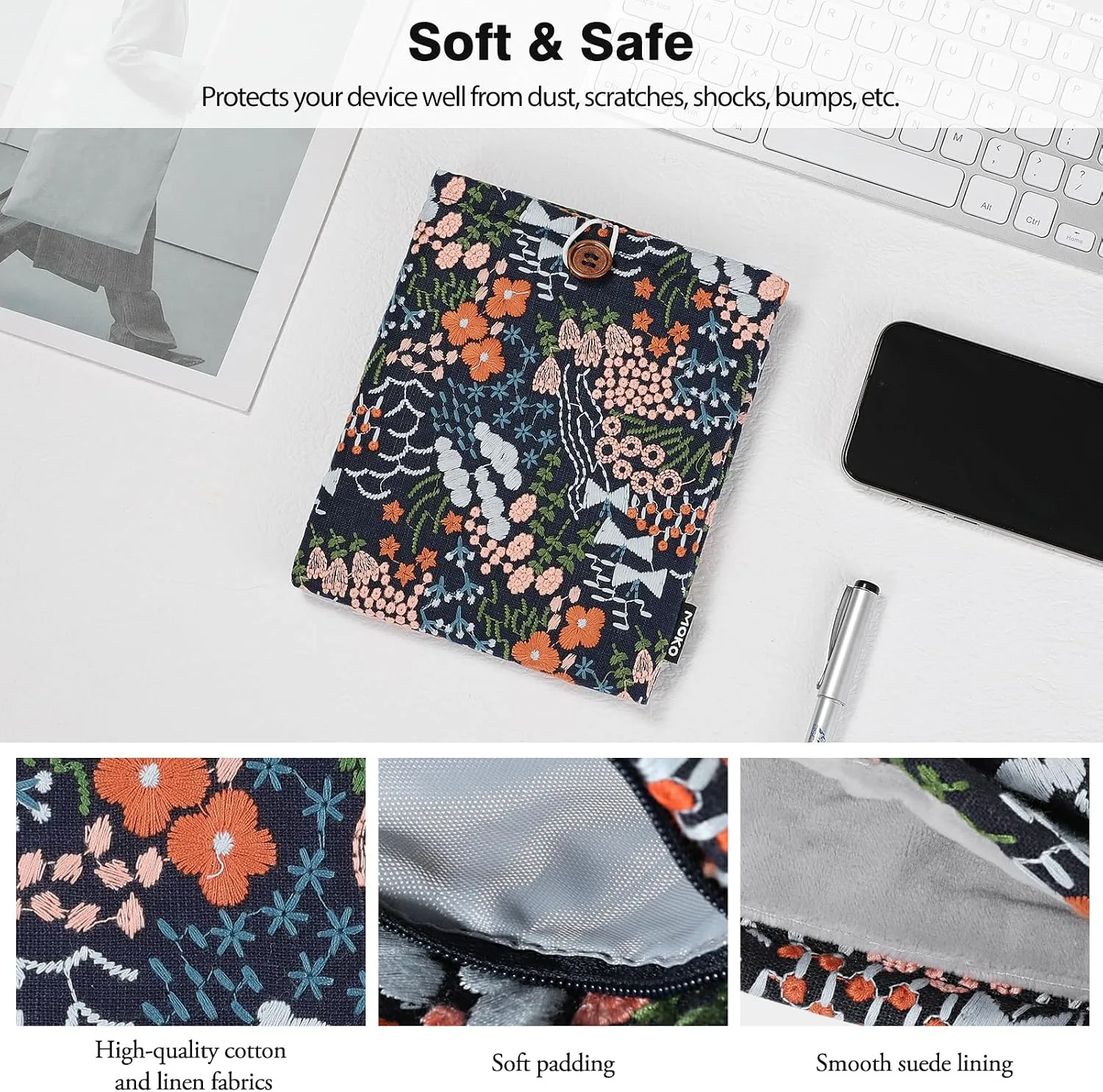 MoKo 6-7 Inch Embroidered Daisy Padded E-Reader Sleeve Zippered Bag with Back Pouch for Most 6/6.8/7 inch E-Reader, 6" Nook Glowligt 4, 6" Kobo Clara BW/Clara Colour, Indigo Flower