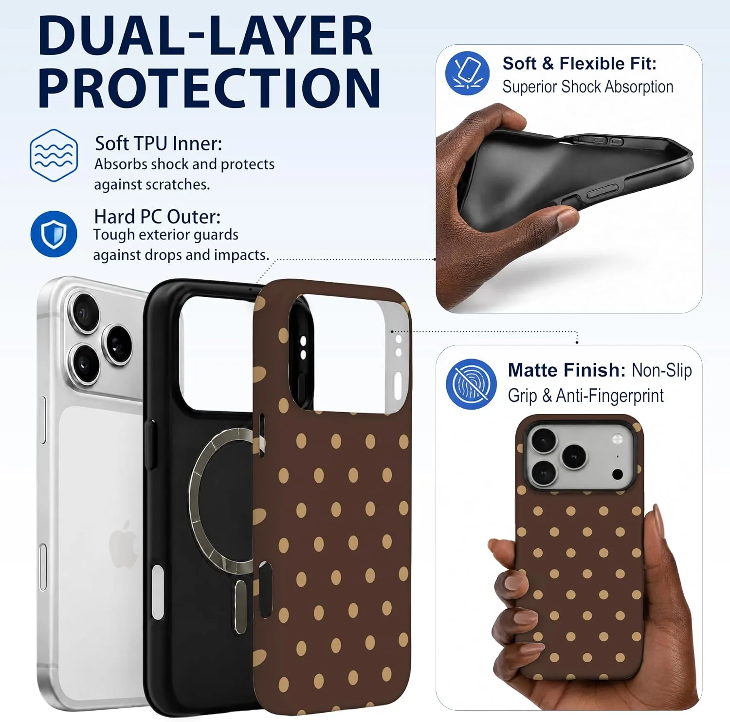 Magnetic for iPhone 17 Pro/18 Pro Phone Case, Brown and Cream Polka Dot