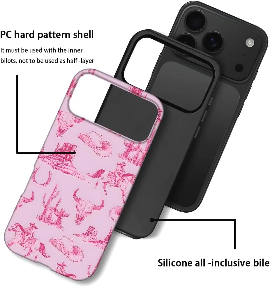 Case Compatible with iPhone 18 Pro Max/iPhone 17 Pro Max,Fall Prevention Hybrid 2-Layer Hard Shell Phone Cover for Girls Boys,Pink Hat Horse Western Cowboy