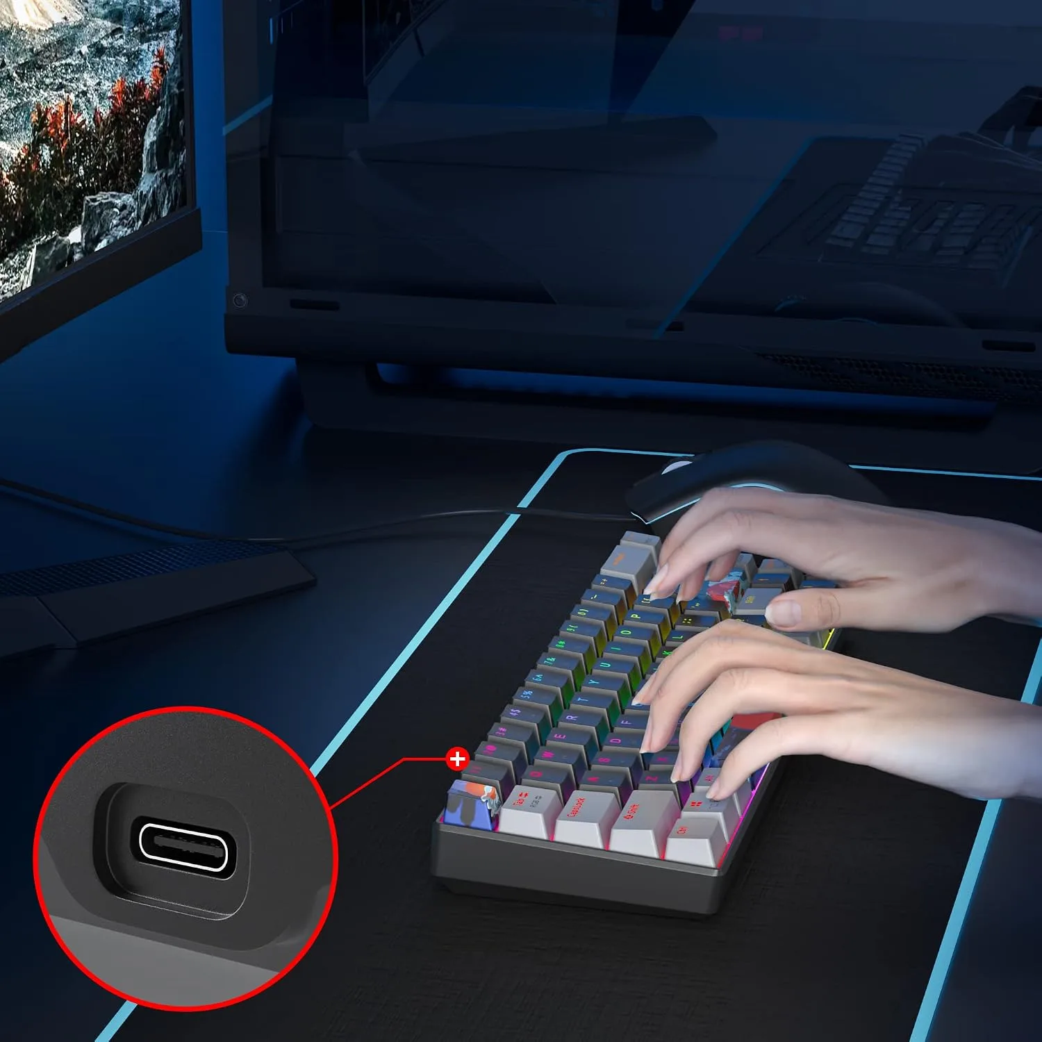 Owpkeenthy Portable 65% Percent Mechanical Gaming Keyboard, Mini Wired Ultra Compact RGB 68 Keys Office Keyboard with Red Switch Backlit for PC/PS5/XBOX(Dark/ 68 Red Switch)