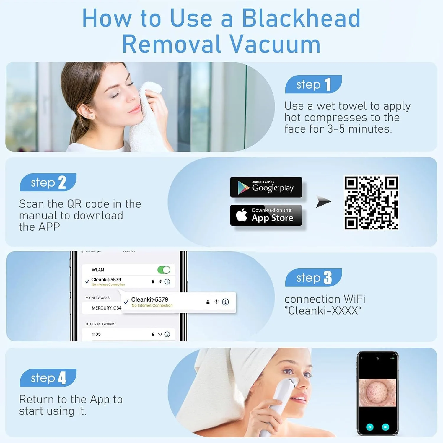 Facial Pore Blackhead Remover Vacuum, 1080P Camera Blackhead Remover, 20x Zoom, 8 LEDs ＆ 3 Suction Modes, 800mAh Battery & USB - 6 Heads Pore Cleaner Kit for Women&Men(White)