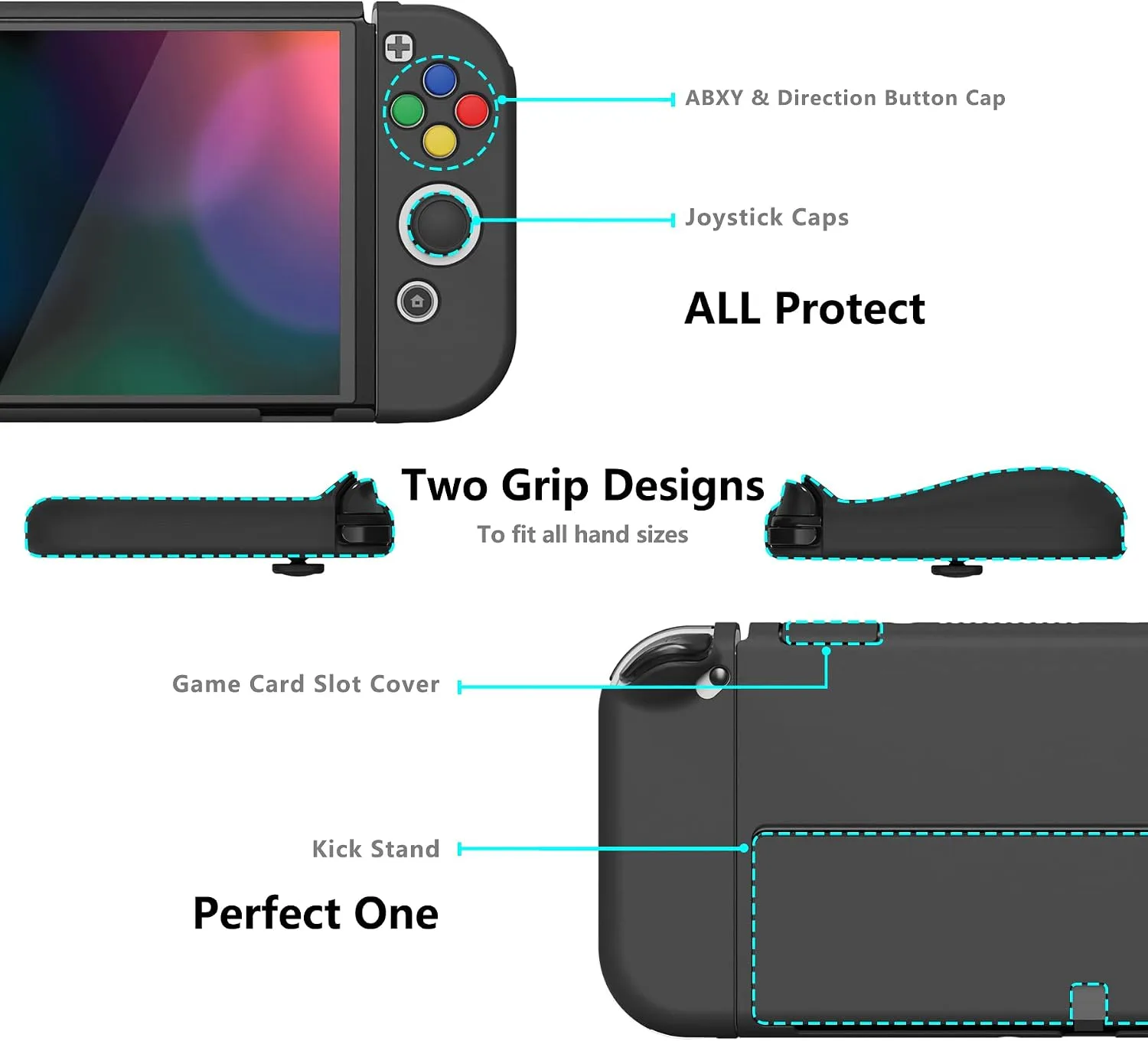PlayVital AlterGrips Protective Slim Case for Nintendo Switch OLED, Ergonomic Grip Cover for Joycon, Dockable Hard Shell for Switch OLED w/Thumb Grip Caps & Button Caps