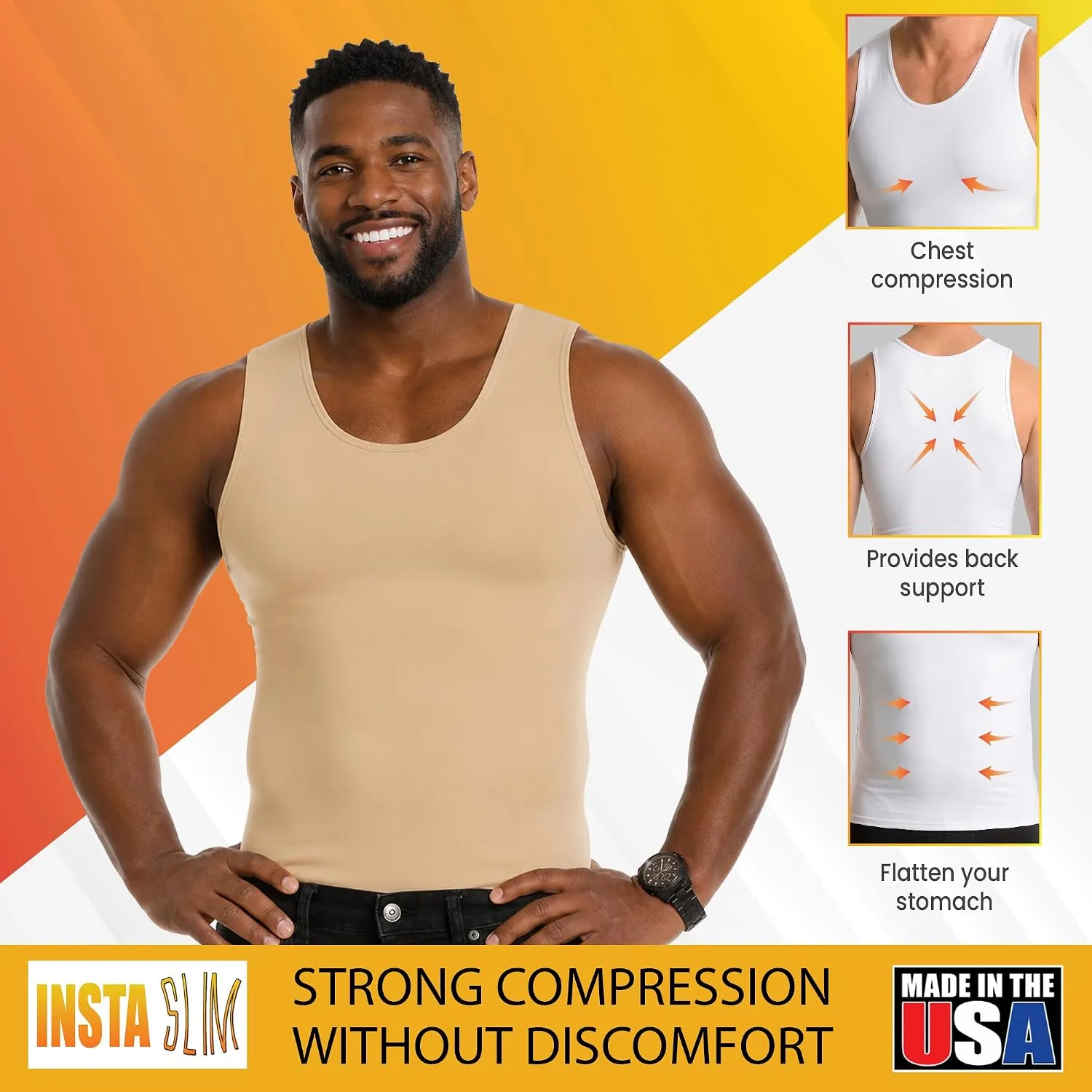 Insta Slim - Made in USA 3 Pack Compression Muscle Tank Body Shapers for Men. Back Support, Slimming Shapewear Undershirt